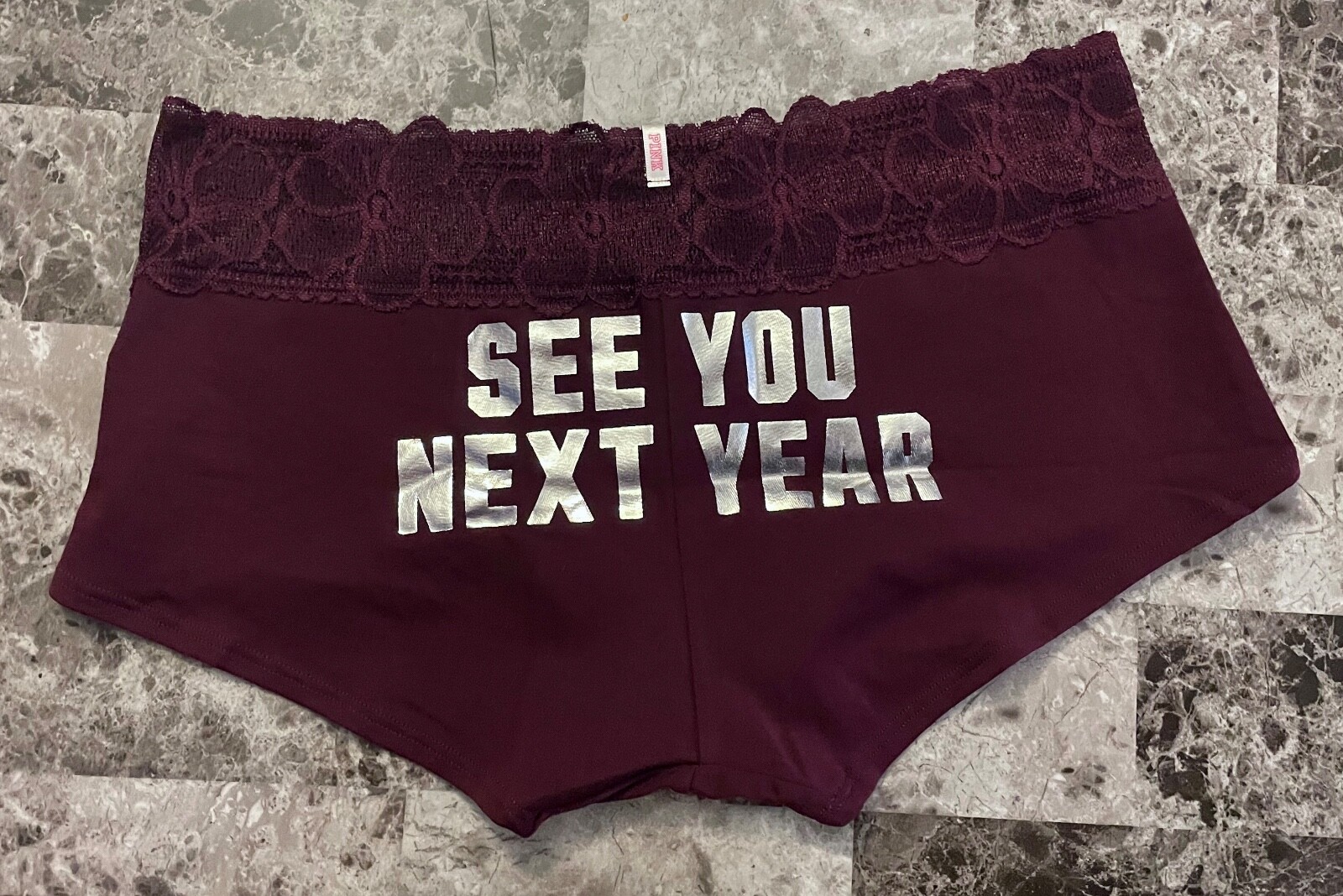 NWOT VICTORIA’S SECRET L MAROON SILVER SEE YOU NEXT YEAR RARE BOYSHORT PANTIES