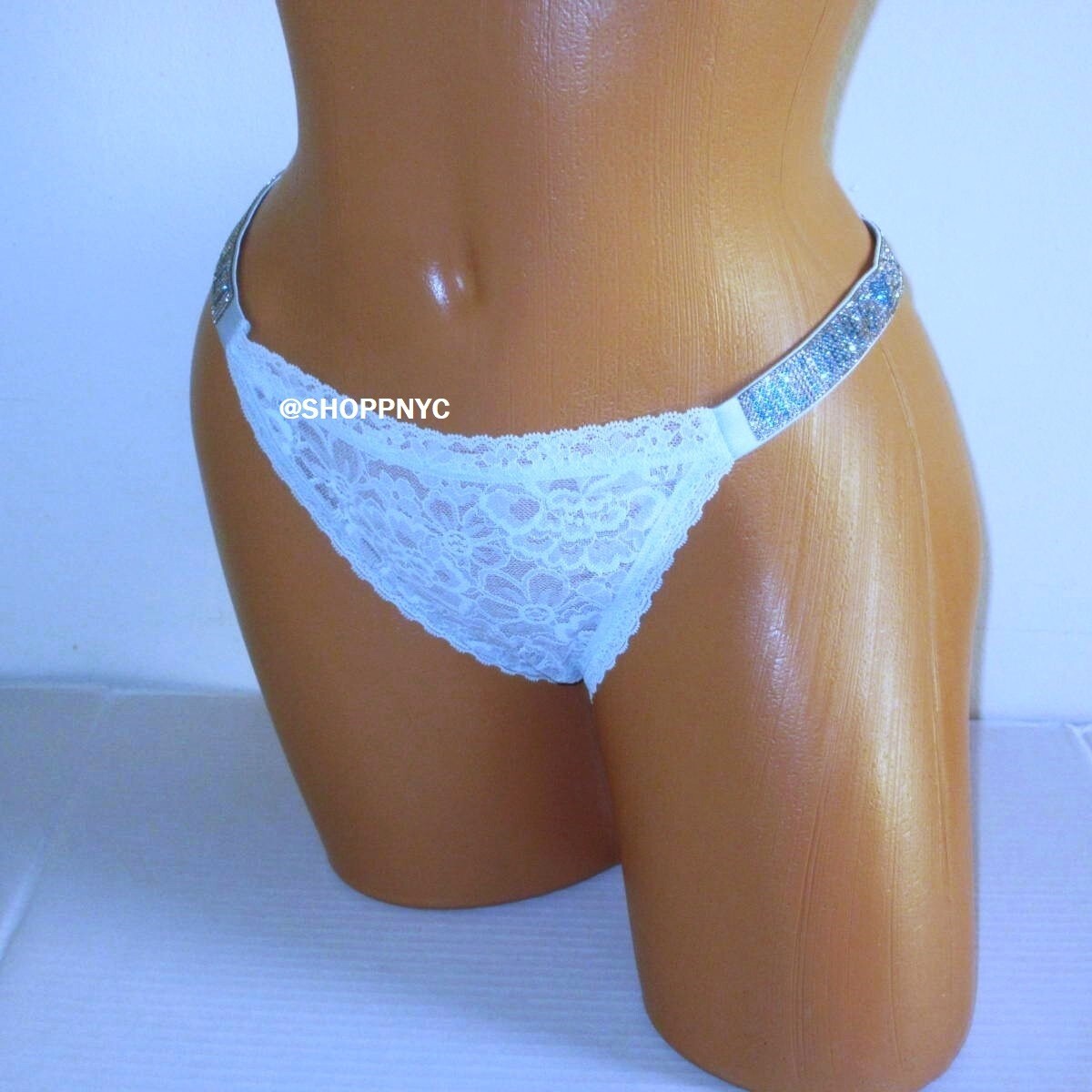 Victoria’s Secret Shine Strap Lace Thong Panty Size L Light Blue Rhinestones
