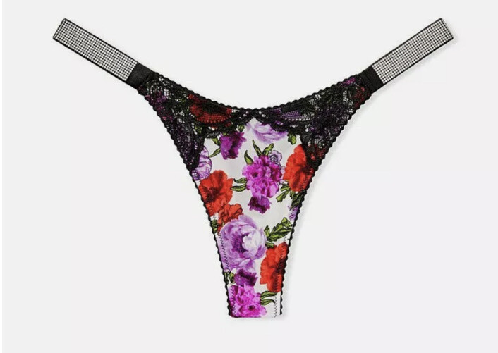 Victoria’s Secret Very Sexy La Rose Shine Strap Rhinestone Thong Sz XS Floral