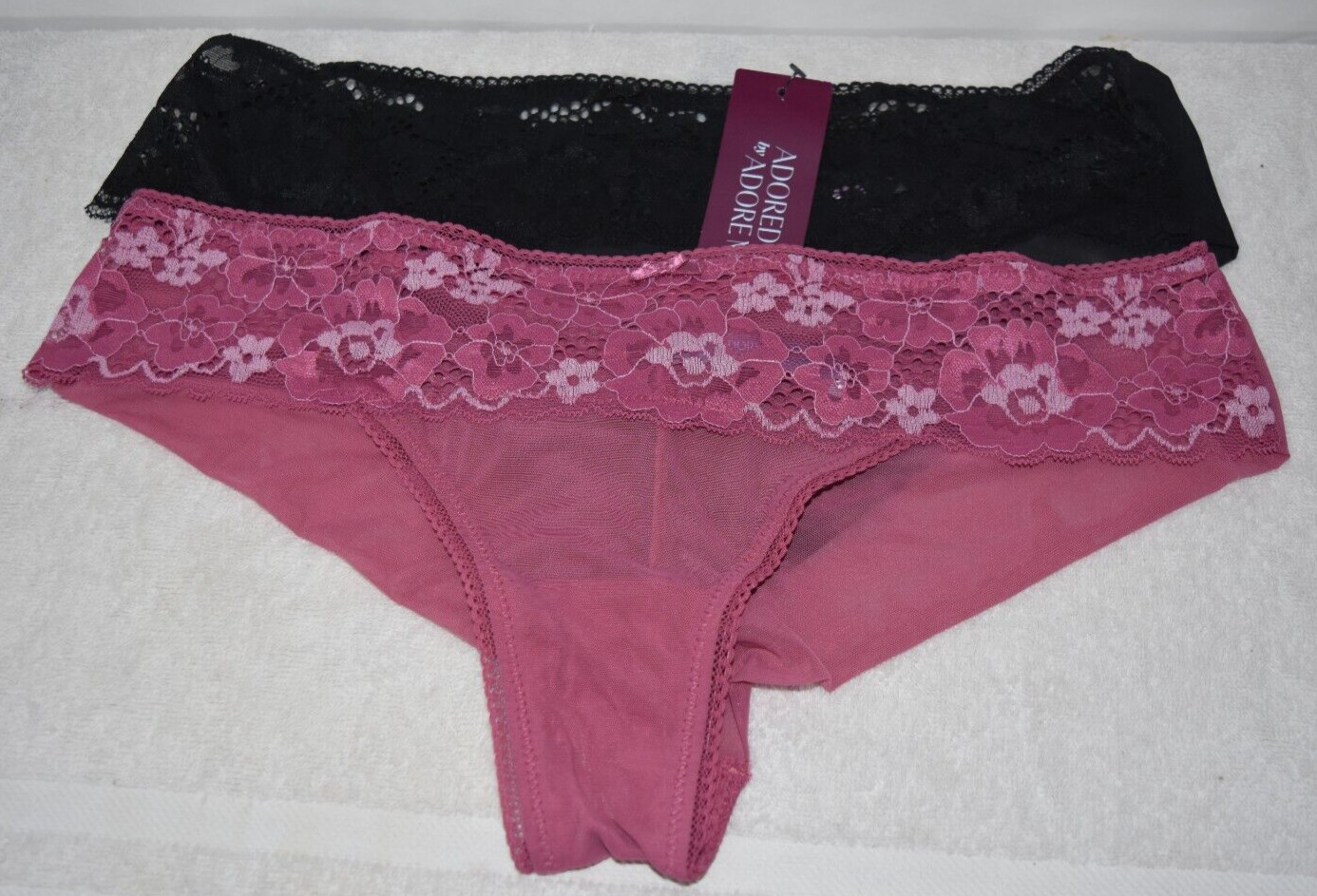 2 NWT Adorned Adore Me Textured Lace Mesh Cheeky Panties Lot Satin Bow 2X XXL