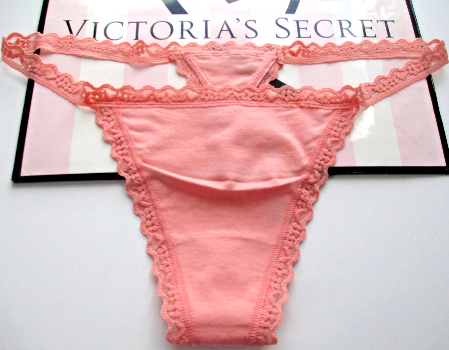 VICTORIA’S SECRET Cotton V-String Thong Panty VS Lace Trim S M XL Orange NWOT