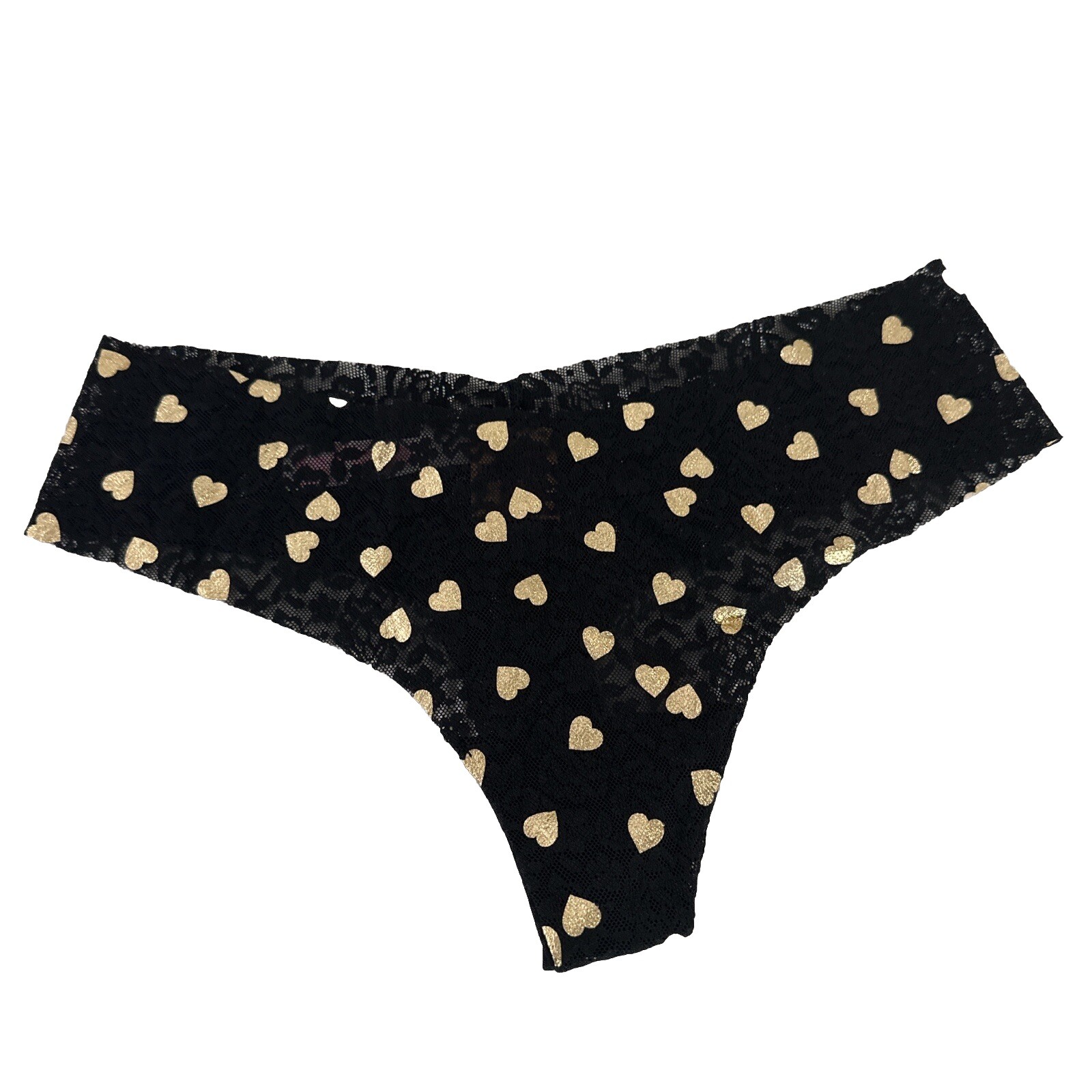 PINK Victoria’s Secret Thong Panty Black With Gold Heart Design Small NWT