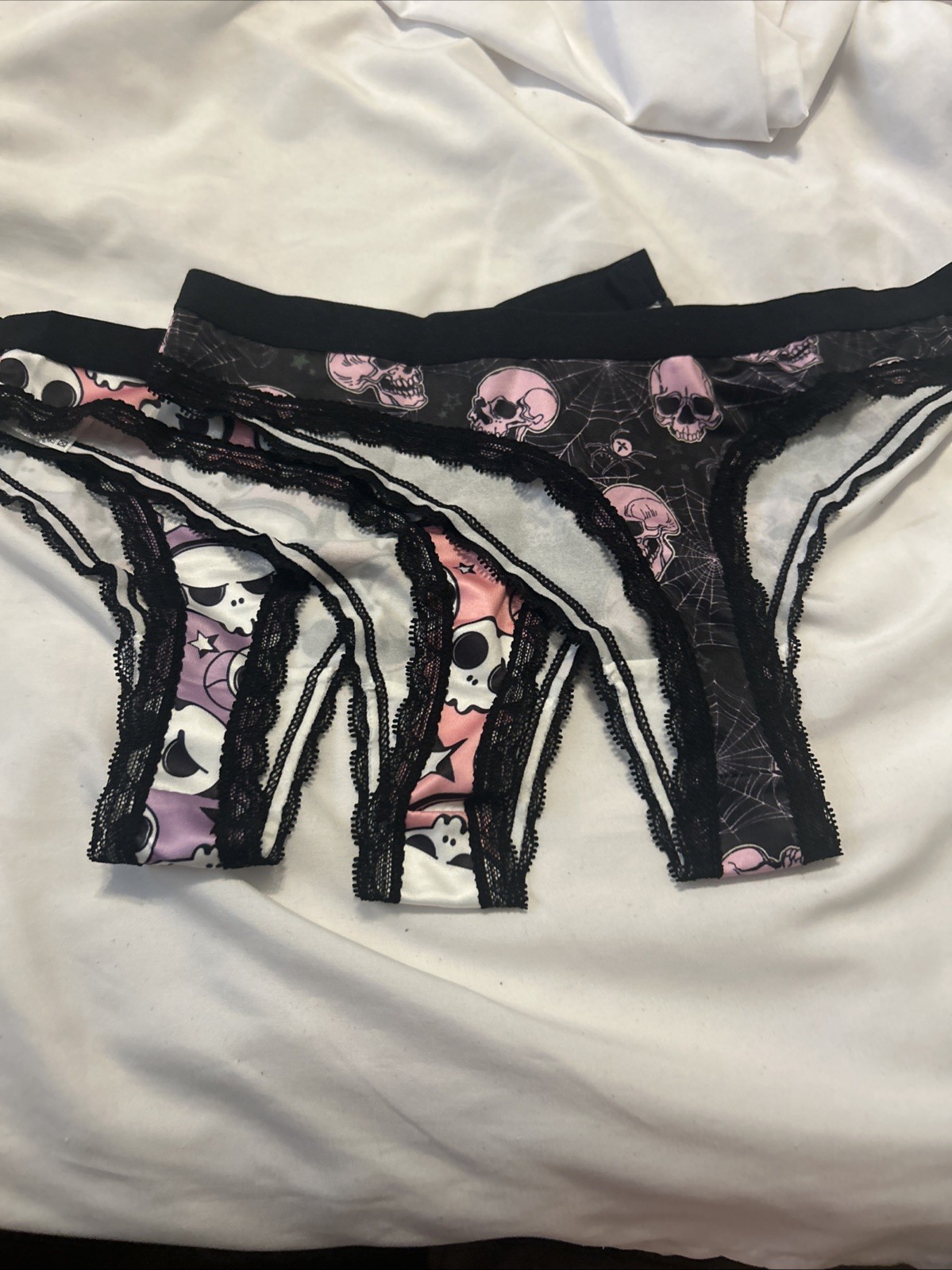 Morvia 3pk lace trim Bikini Goth Skater Emo panties M Skulls Webs Halloween
