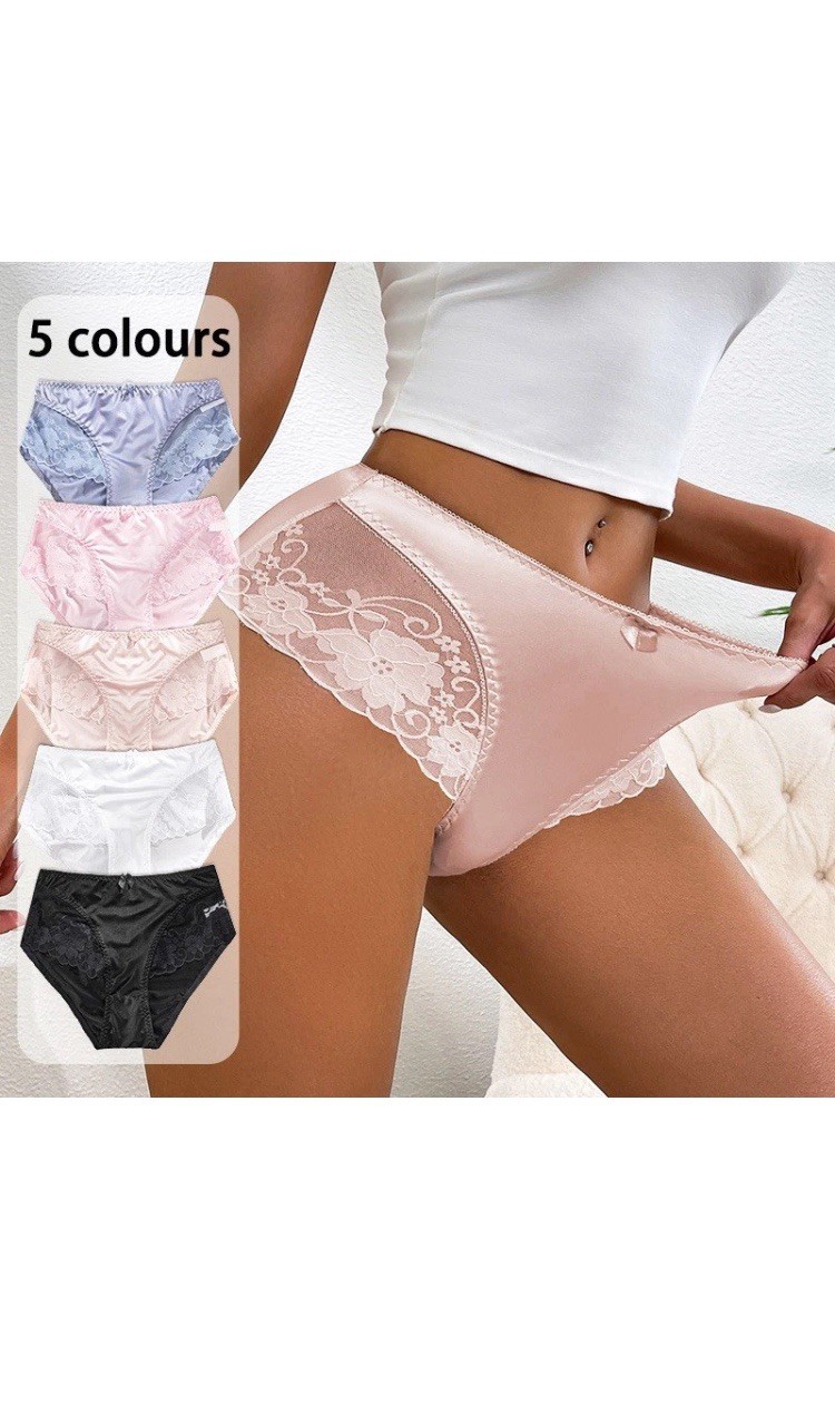 Women’s Satin Brief Panties 5-Pack Multicolor Solid Stretch Lace Trim Bows