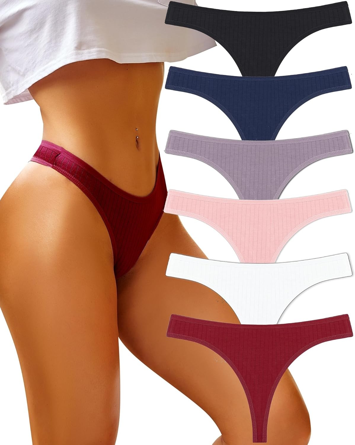 Womens Cotton Thong Underwear 6 Pack Soft Low Rise Sexy Panties S to XXXL