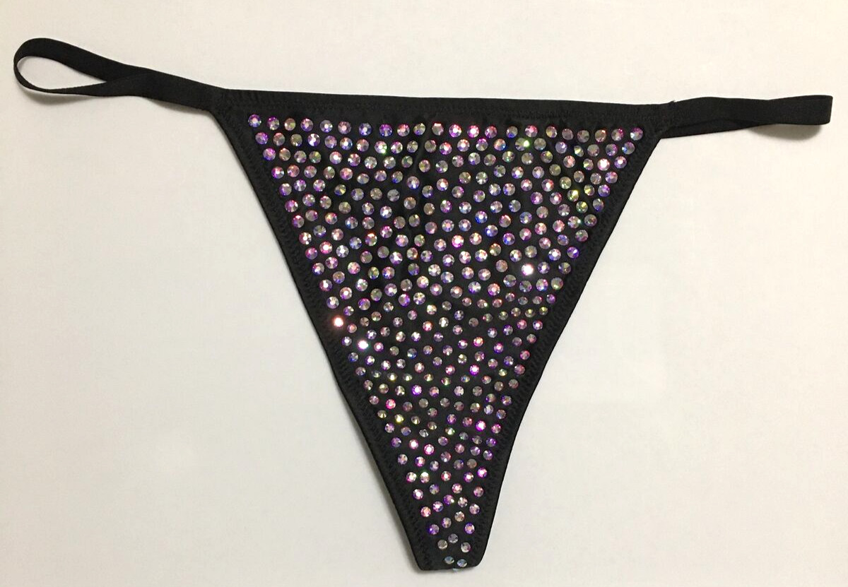 Victorias Secret Very Sexy Black Rhinestones V-String Thong Panty Size M Sparkly