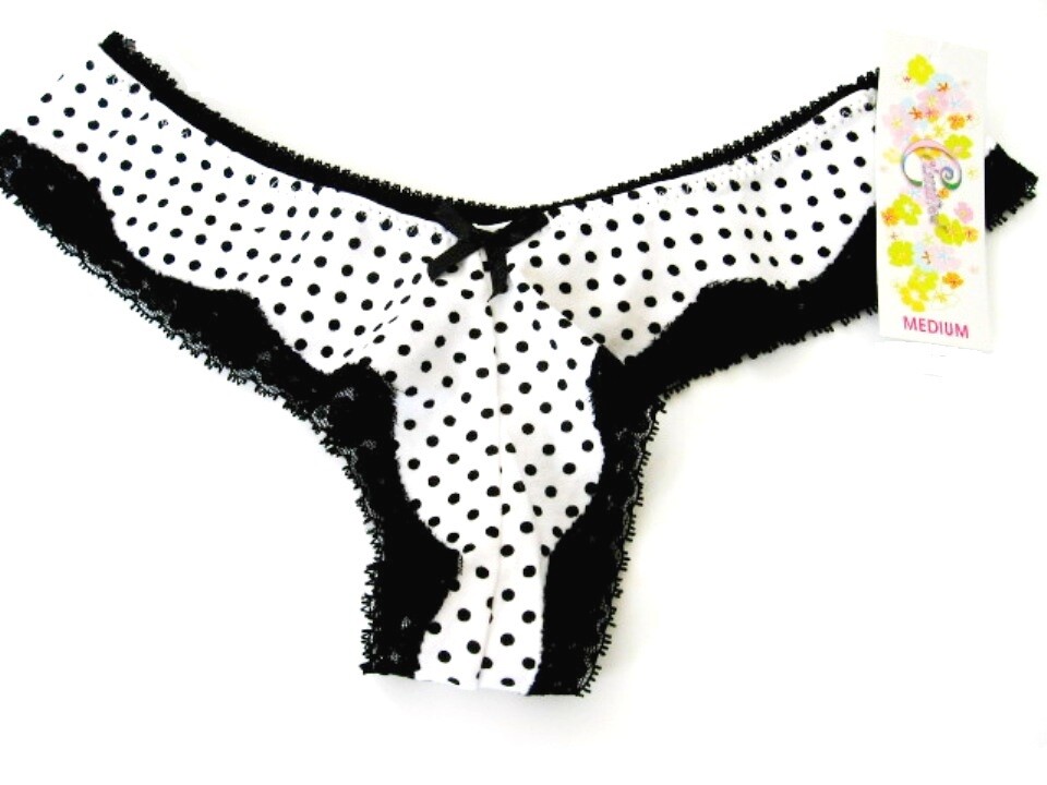 A466 Classified NEW Women’s Black Lace Picot Polka Dot Trim Stretch Cotton Thong