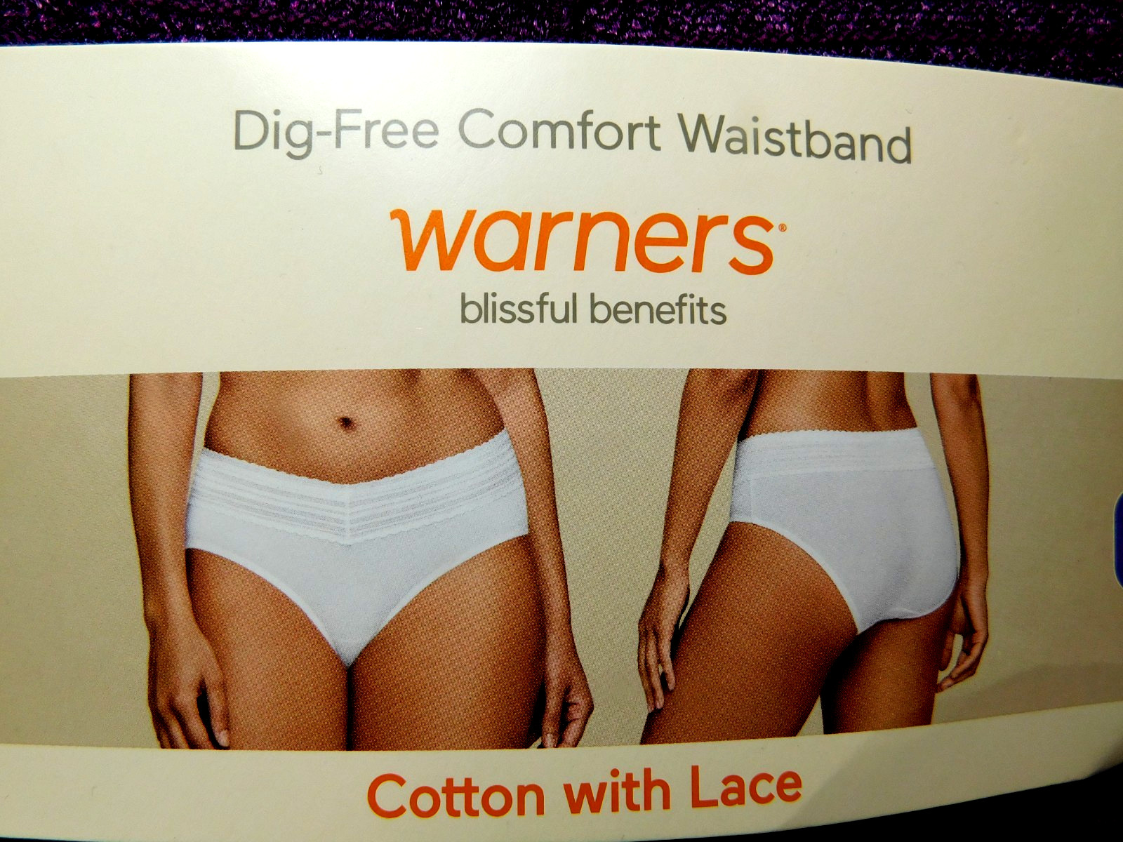 Warners~Blissful Benefits Cotton With Lace Hipster Purple Black & White 3Pk (DG)