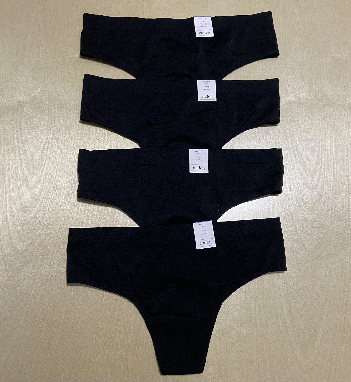 Auden Women’s Size 2XL (17) Seamless Cotton Blend Thong Panties 4 Pack in Black