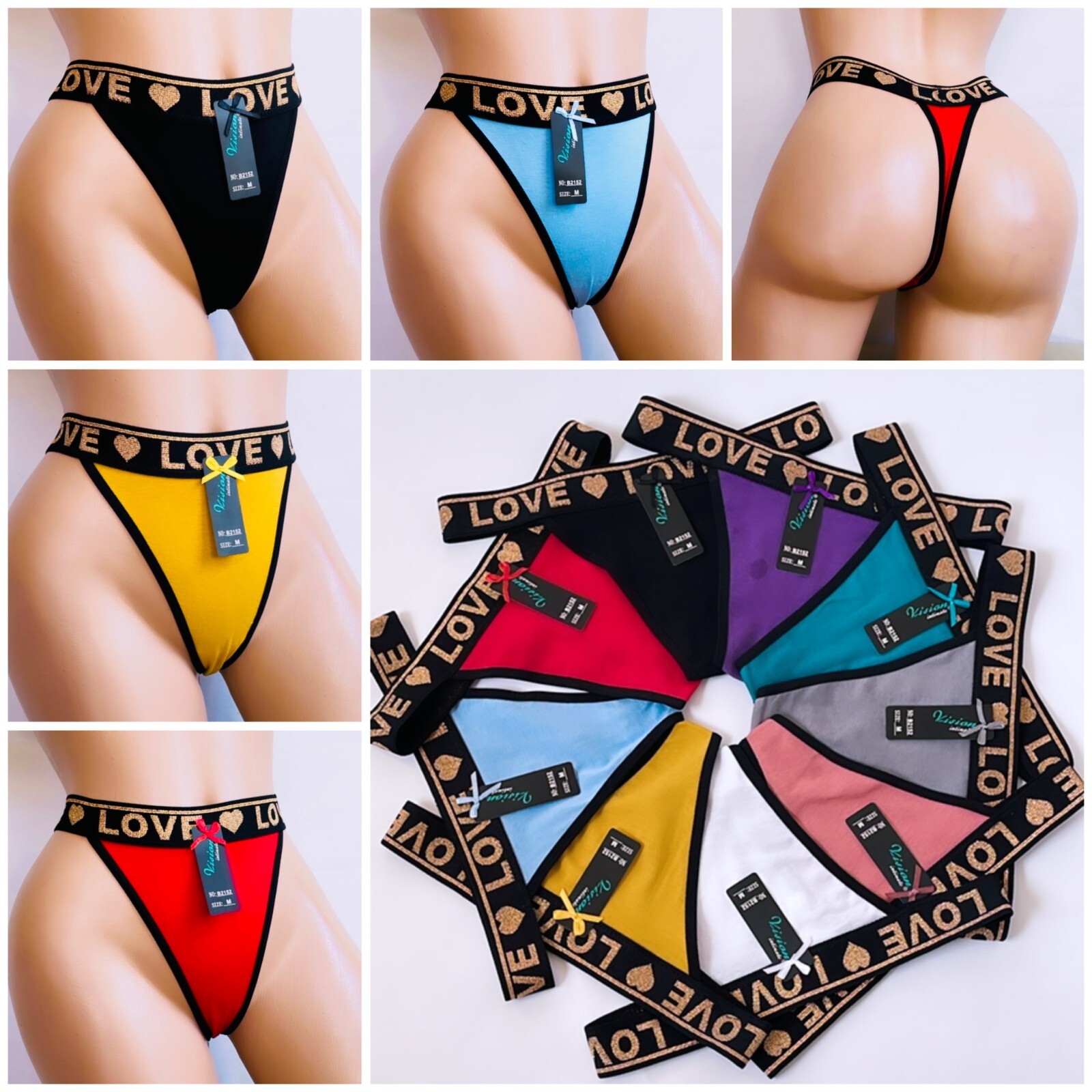 LOT 6-12 Thongs Tangas Sport LOVE Panties G-String Long Leg 95% Cotton 2152 S-XL