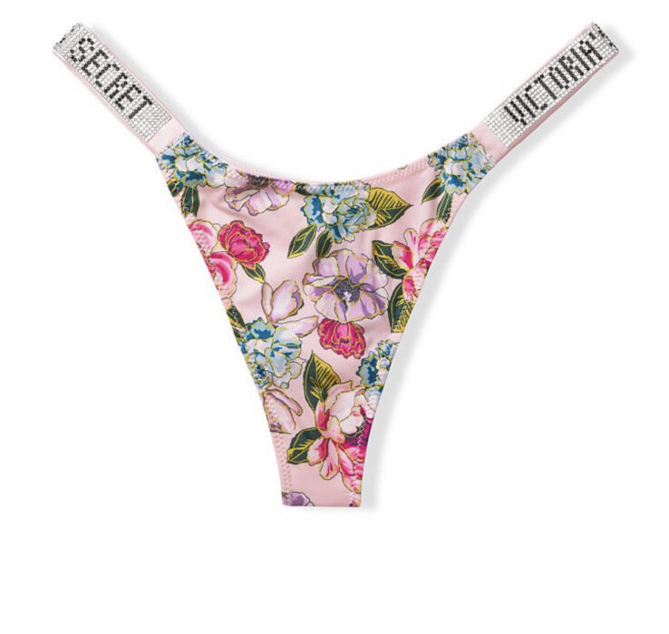 Victoria’s Secret Very Sexy Shine Rhinestone Thong Purest Pink Sz S Floral