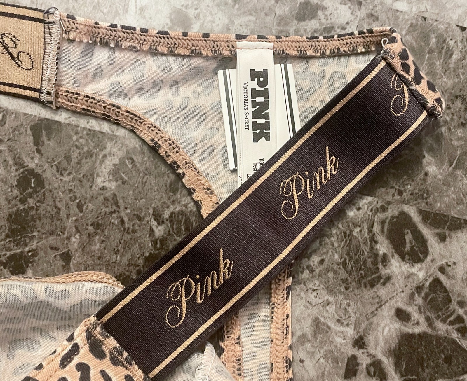 NWT VICTORIA’S SECRET PINK NUDE GRAY LEOPARD THICK LOGO SIDE STRAP THONG PANTIES