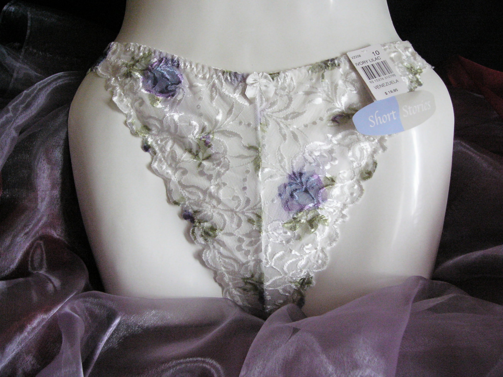 Short Stories white ivory lace thong knickers with purple floral pattern Size 14