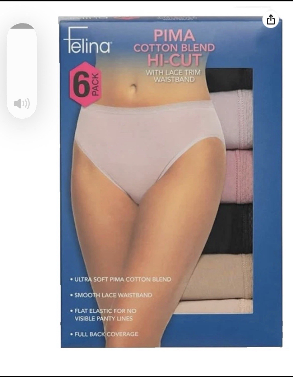 Felina Pima Cotton Blend Hi-cut with Lace Trim Waistband 6 Pack Size Large NWT