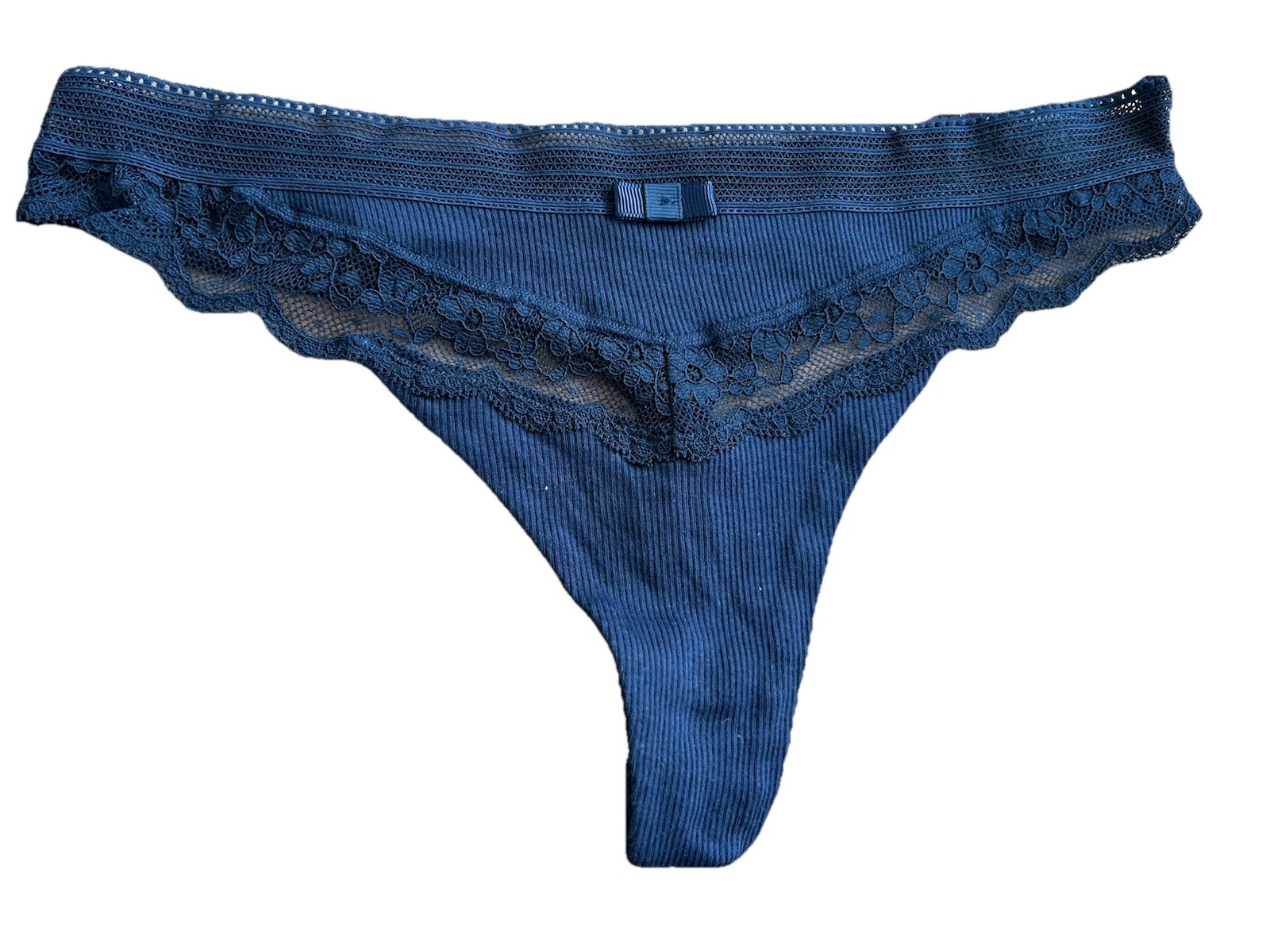 M&S navy blue ribbed lace trim detail thong Size X Small New