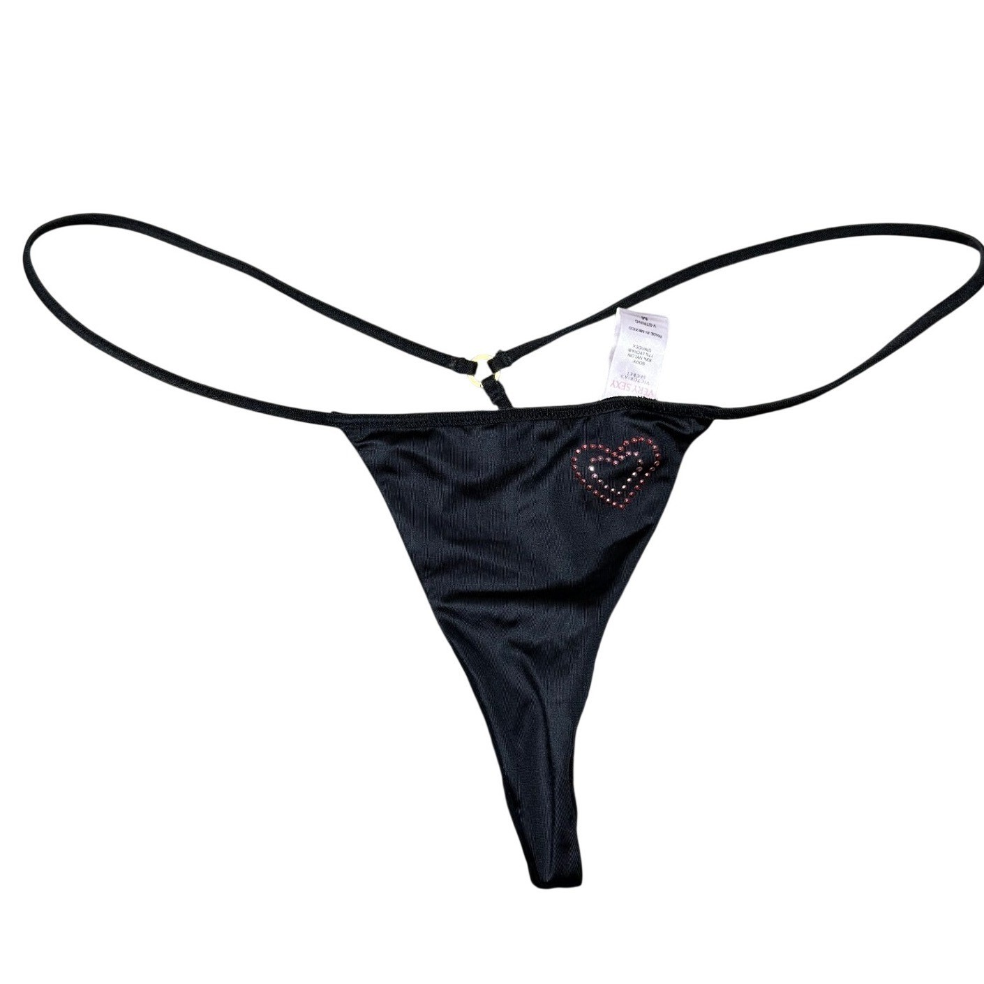 Victoria’s Secret Very Sexy V-String Panty Black Rhinestone Heart Y2K 2000s Med