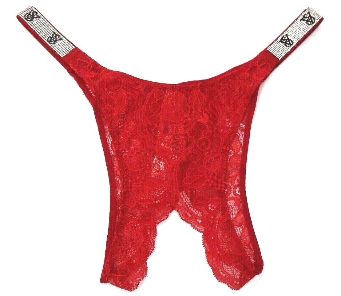 Victoria’s Secret Bombshell Shine Strap Brazilian Crotchless Panty in Red Lace