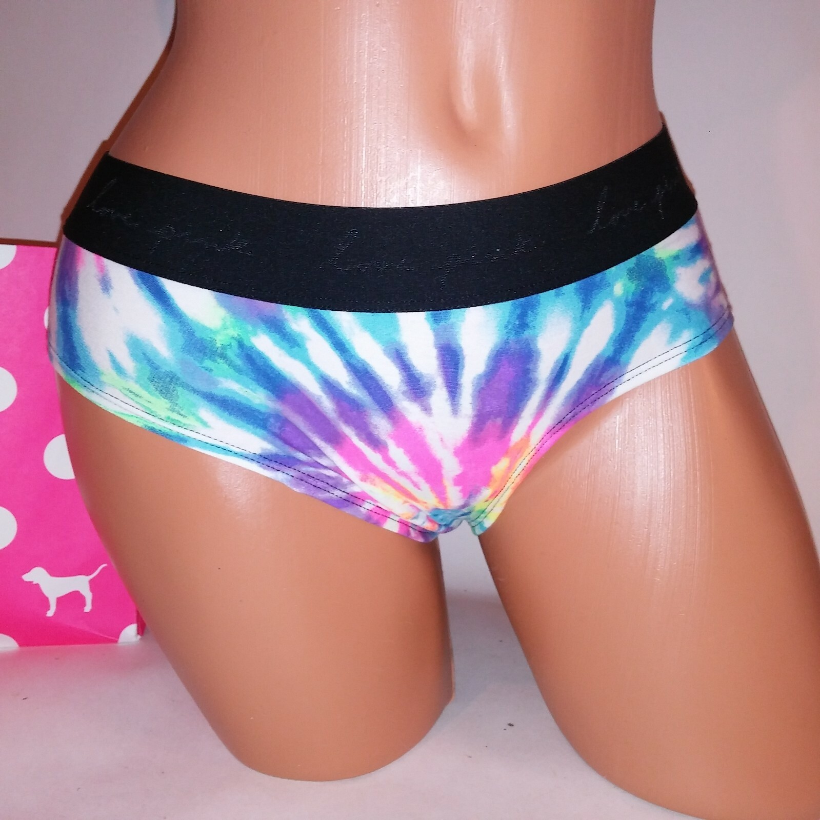 Victoria Secret PINK Panty Hipster Rainbow Tie Dye Banded Logo Trim New