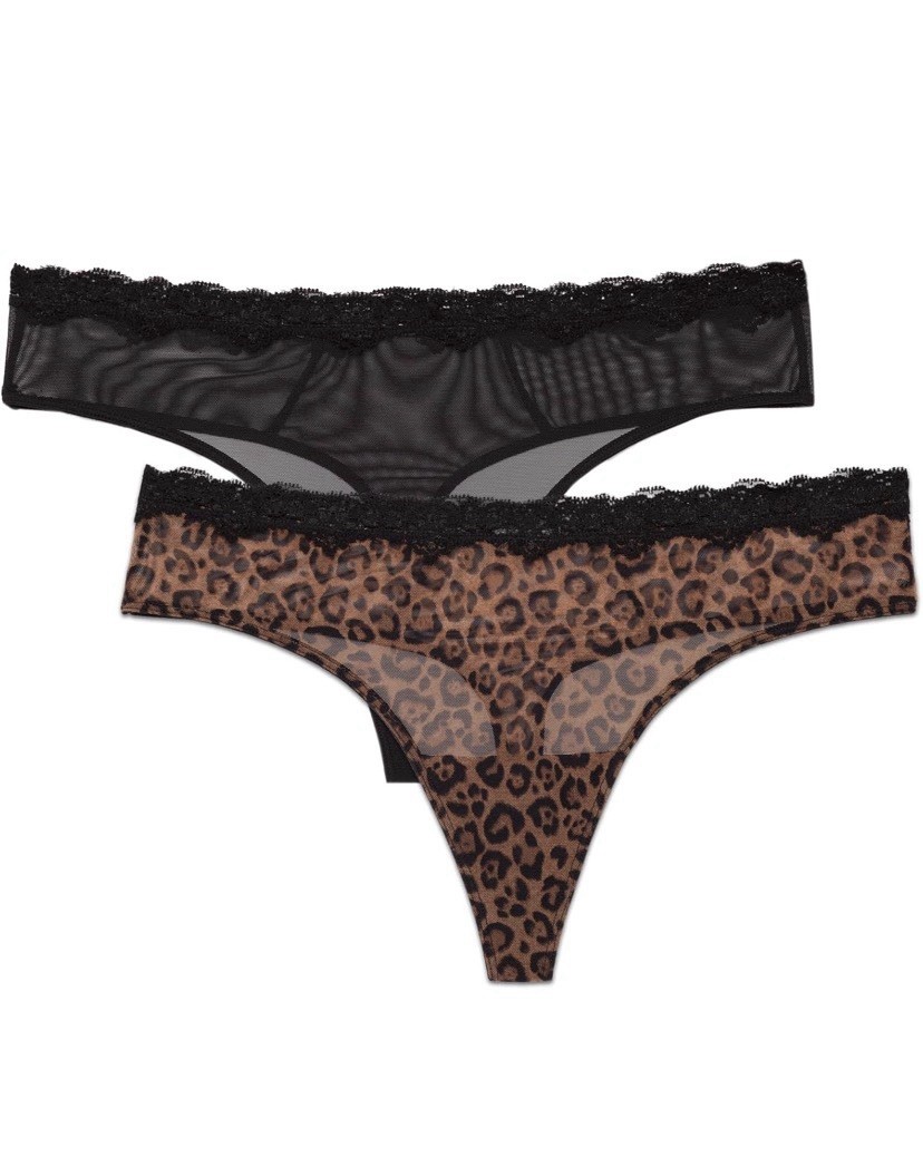 Smart and Sexy SA1376 Lace Trim Thong Panty – 2 Pack Black Leopard Sz M – No Tag