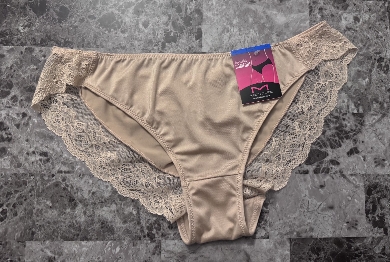 MAIDENFORM XL BEIGE NUDE SATIN SMOOTH FLORAL LACE RUCHED TANGA CHEEKY PANTIES