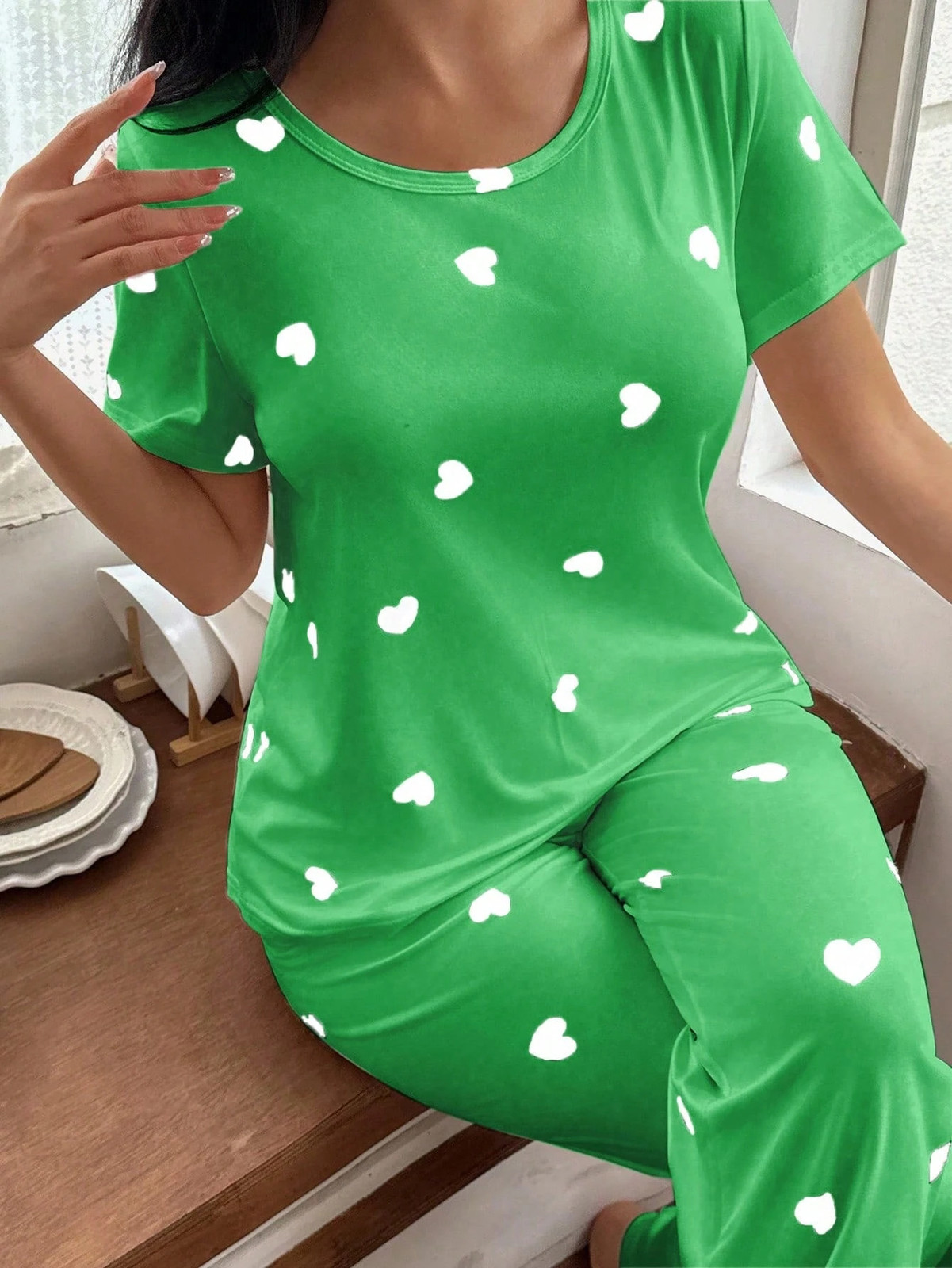 Heart Pattern Short Sleeve Top and Pants Pyjama Set for Ladies Cheap24
