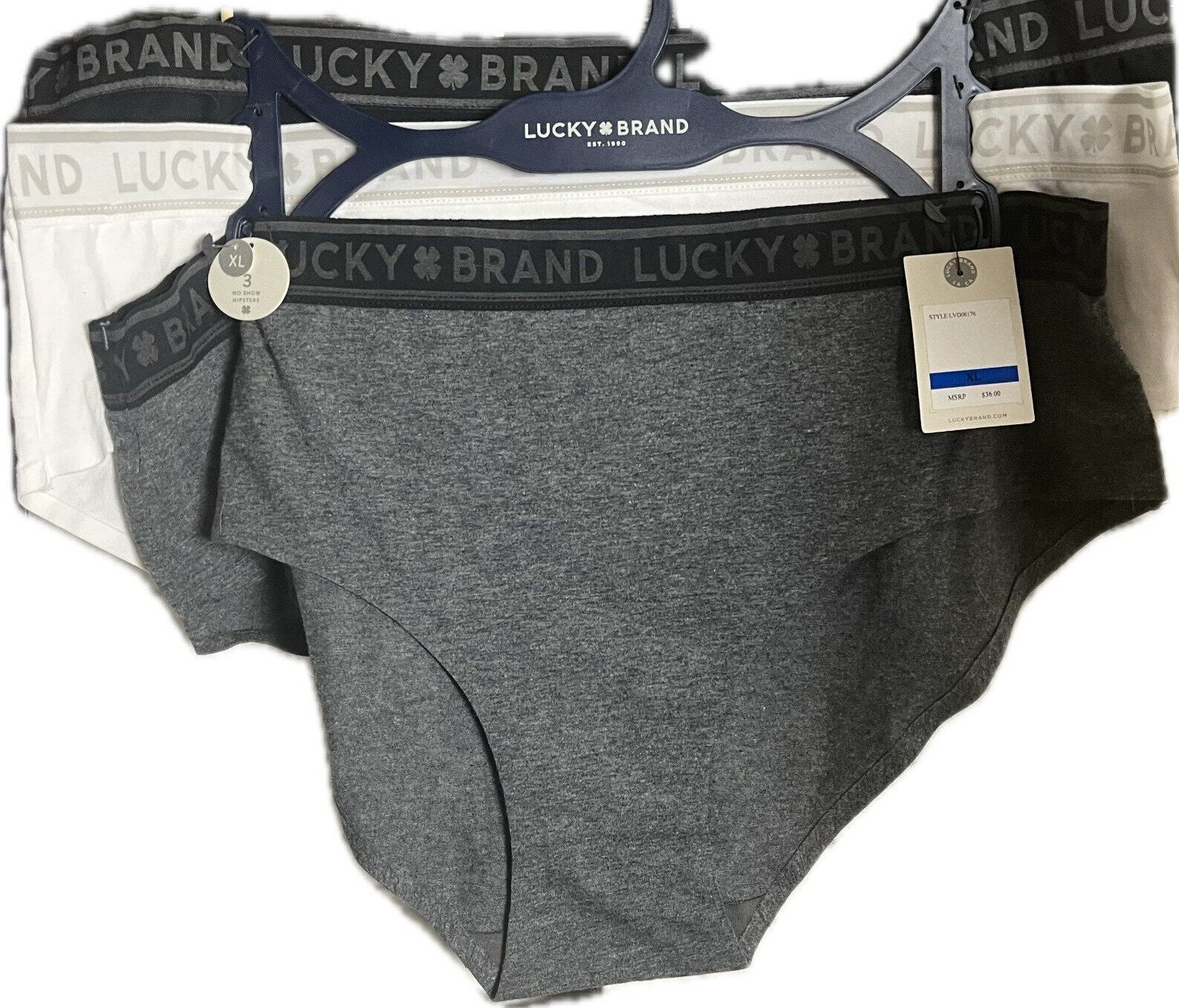 Lucky Brand L Neutral Array Logo Elastic Waistband Cotton Hipster Panties- 3 Pk