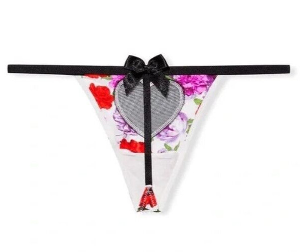 Victorias Secret Floral Mesh Heart V-String Thong Size S Cut-Out Sexy Bow Back