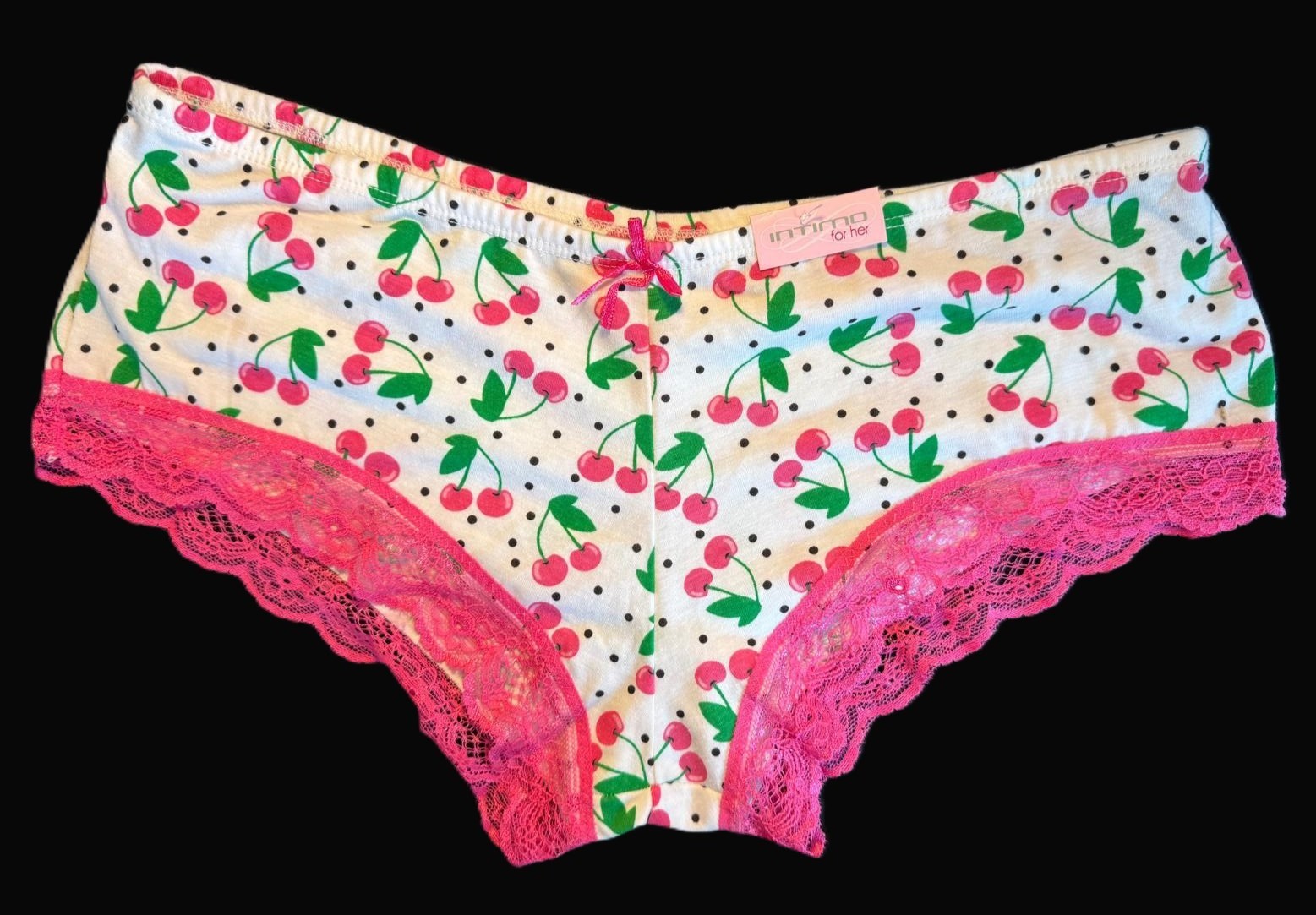 INTIMO Women’s Cute Lace Trim Panties, Pink Cherries/White. Sizes M (6) & L (7)