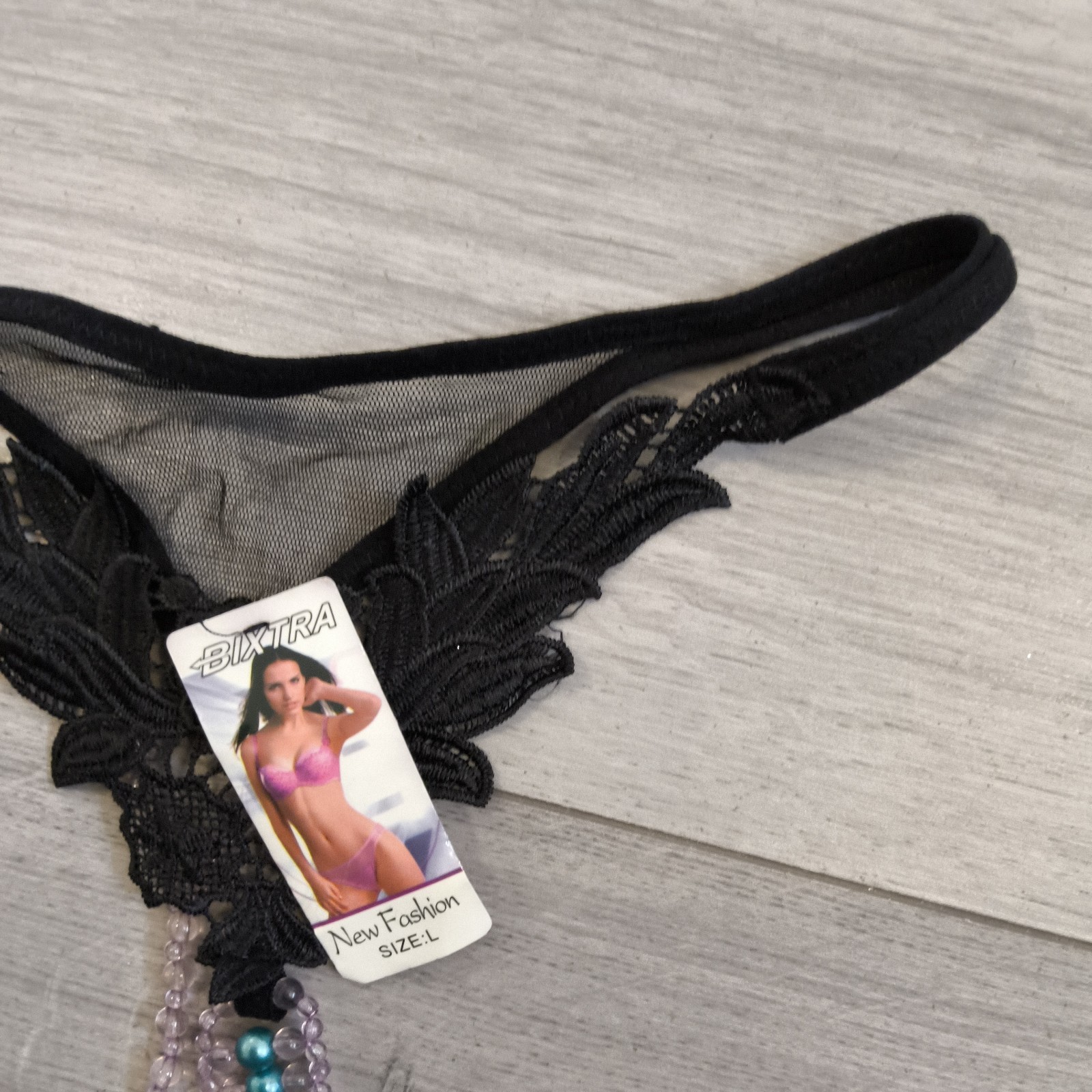 BNWT Bixtra Black Embroidered G String Thong Bead Chain Crotch Size 6-8