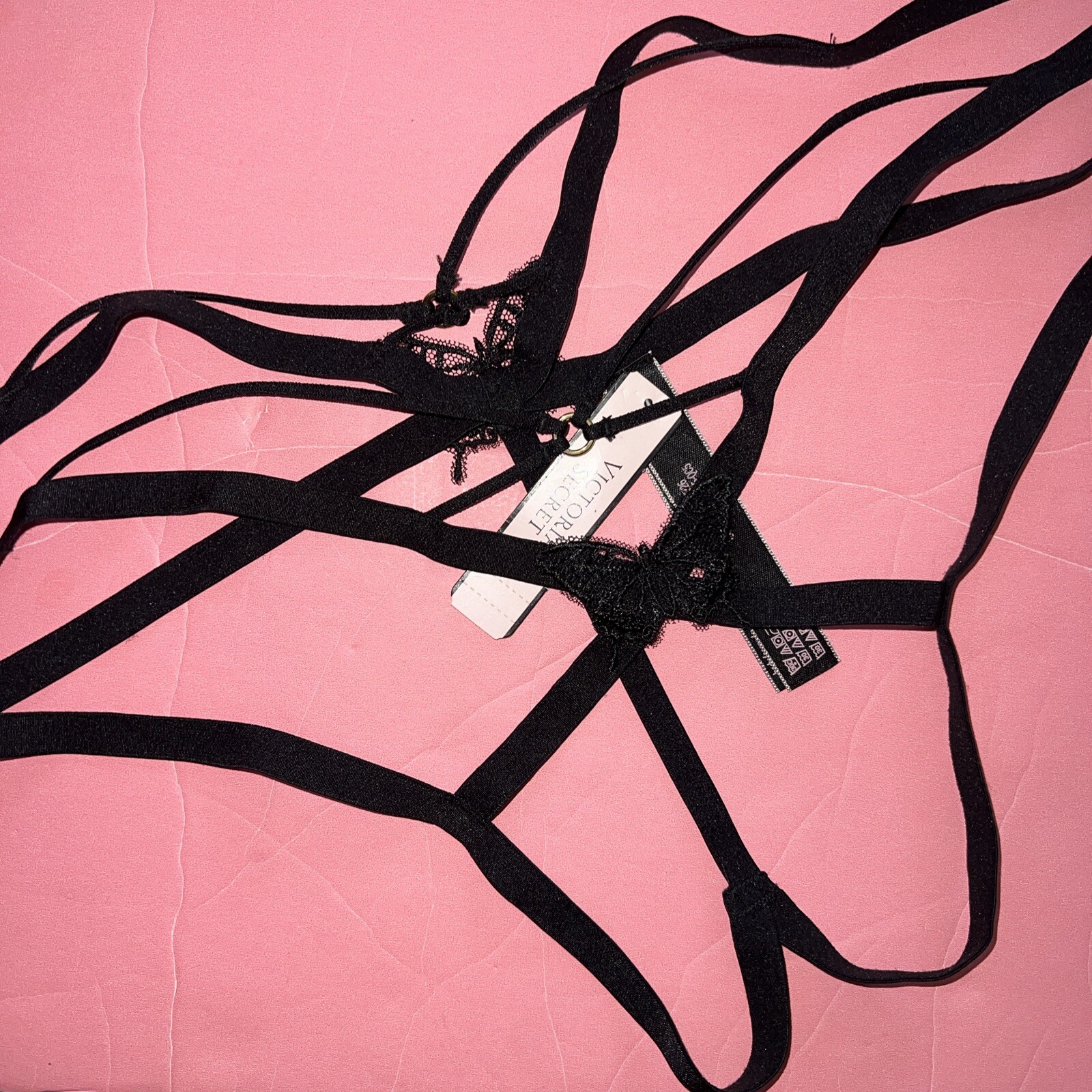 NWT Victoria’s Secret M Thong Black STRAPPY CUTOUT crotchless Butterfly Applique