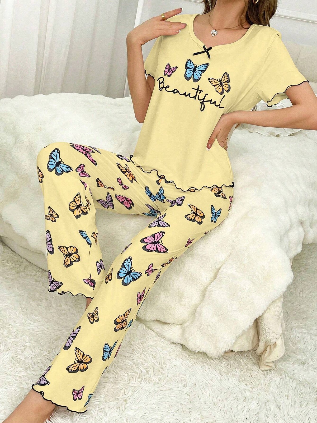 Butterfly Print Ruffle Top with Short Sleeve and Pants Ladies Pyjama Set Cheap24