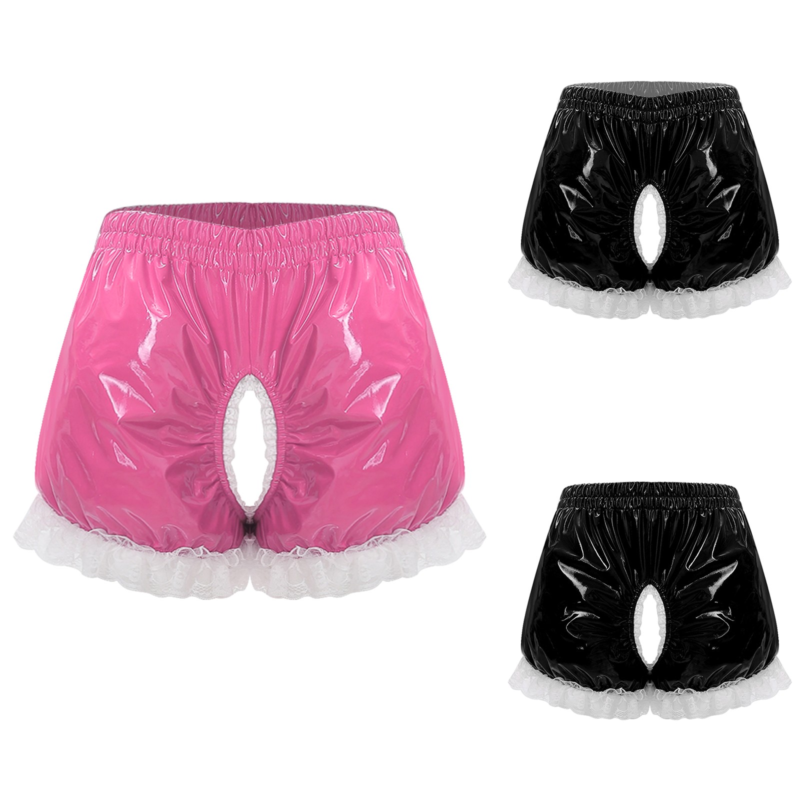 Womens Pu Leather Ruched Crotchless Shorts Floral Lace Trim Pumpkin Pantloons