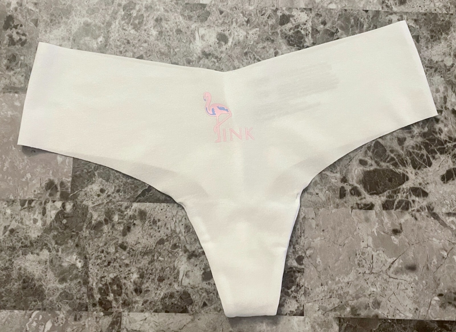 NWOT VICTORIA’S SECRET PINK WHITE BLUE PINK FLAMINGO LOGO NO SHOW THONG PANTIES