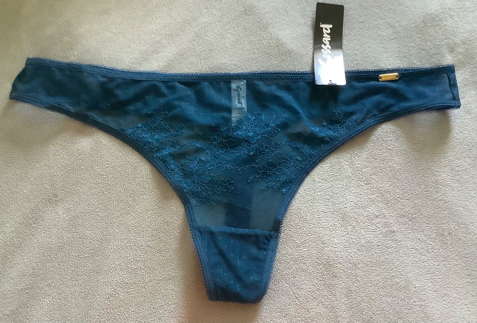 Gossard Glossies – Teal Blue Mesh & Lace Thong Size XL – BNWT