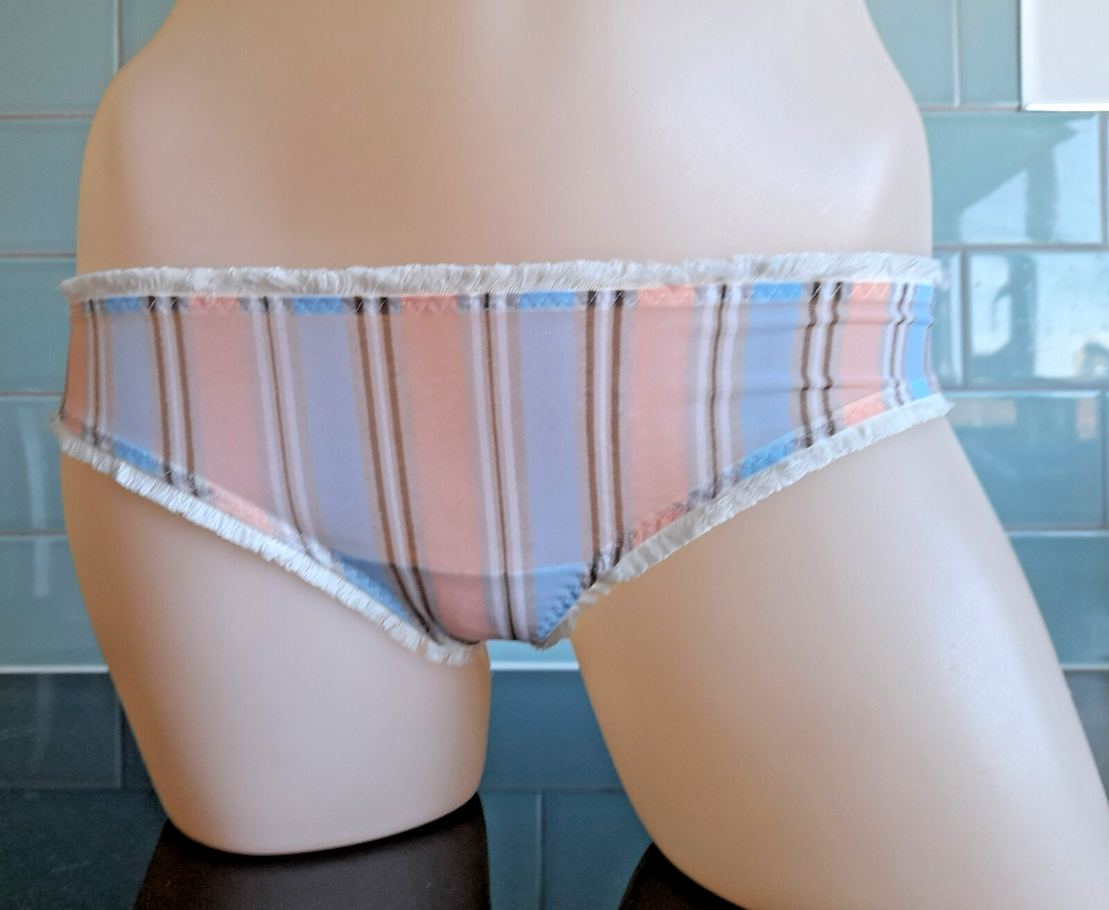 Sielei Sheer Striped Mesh/Lace Panels Blue/Brown/Peach/Ivory Thong Fringe Trim S