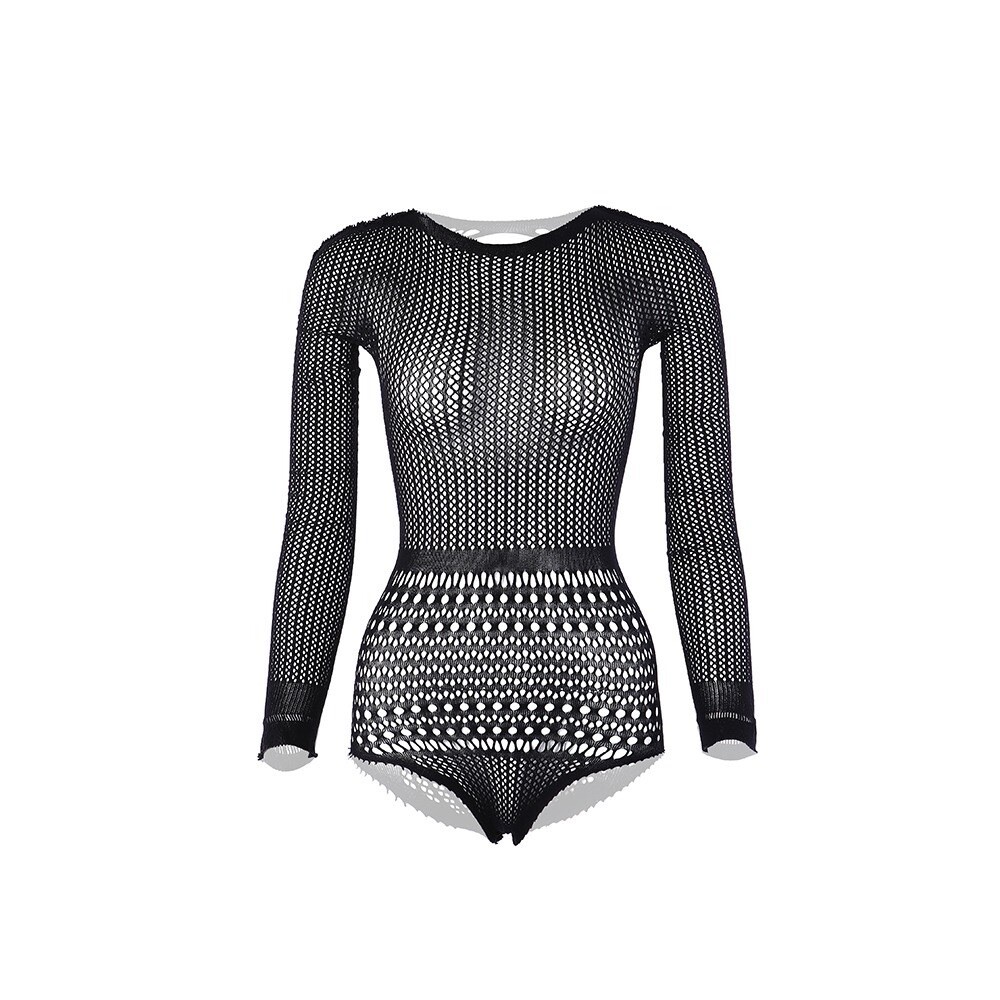 Seductive Long Sleeve Fishnet Teddy, Hollow Out Thong Women’s Lingerie Body Suit