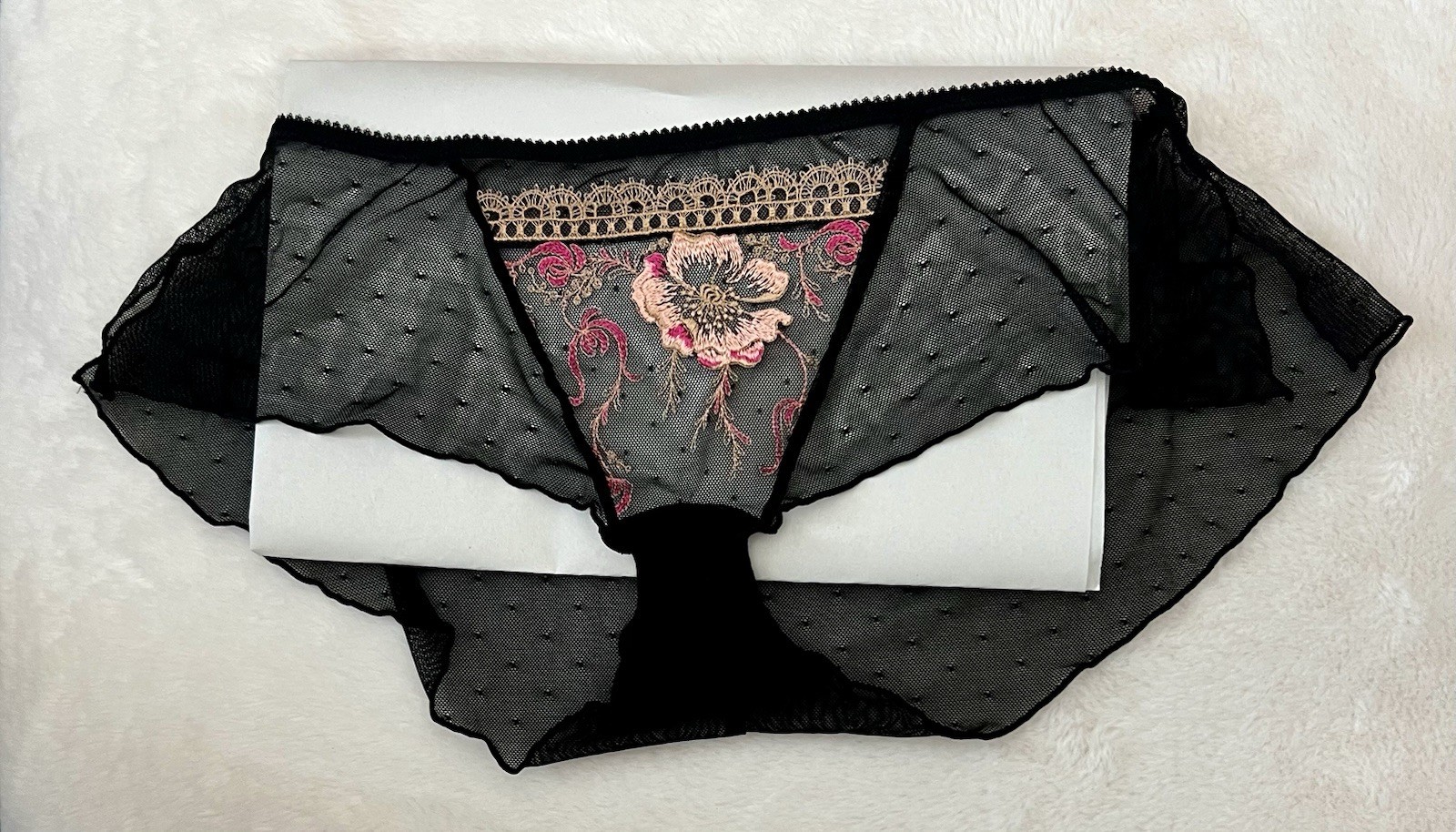 Via Del Amore womens Black Mesh Sheered Panties w/ beautiful embrd. pink floral