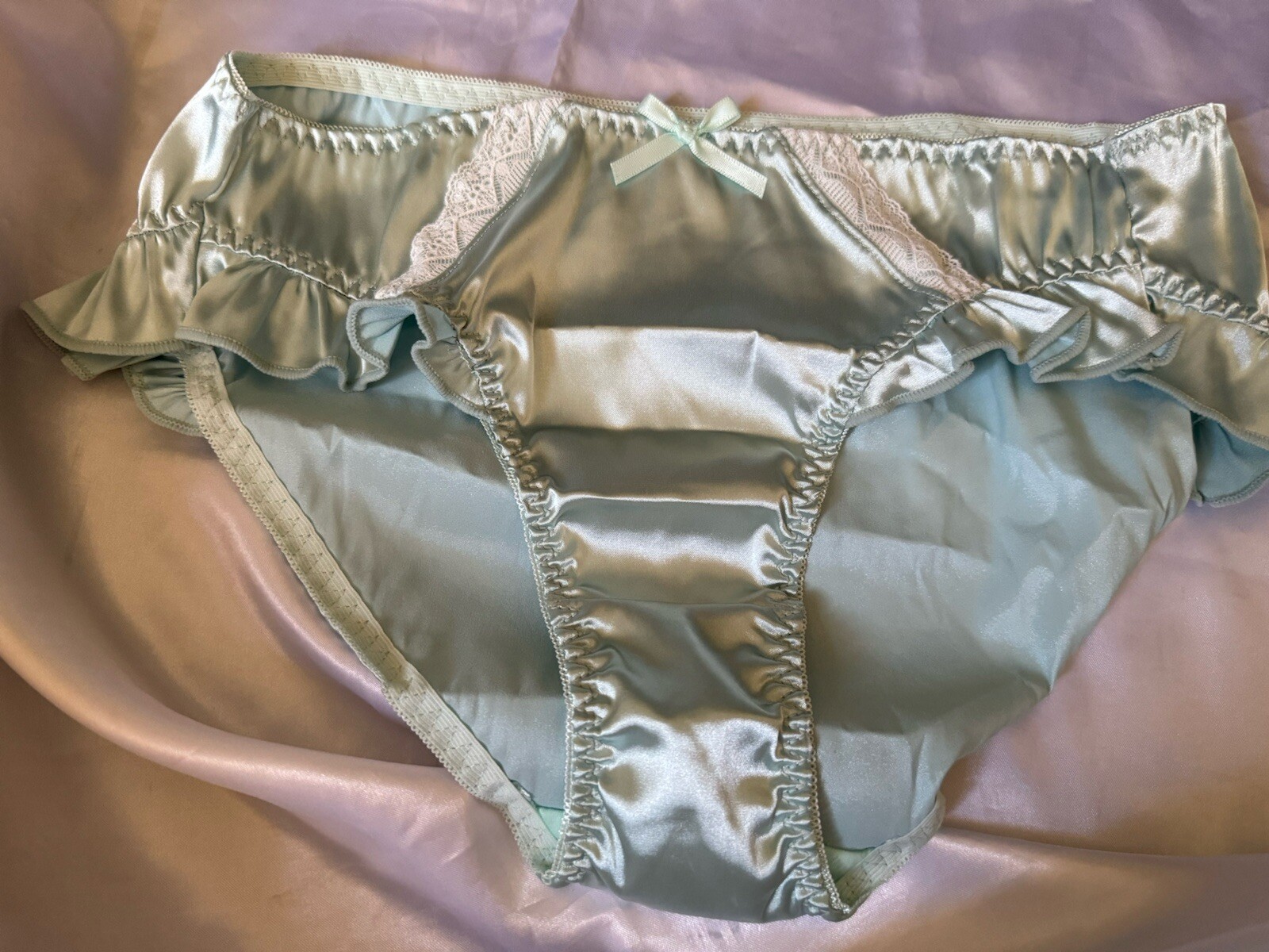 Light Baby Blue Shiny Satin Ruffle Hip Bikini Brief Panties White Lace Sz XL