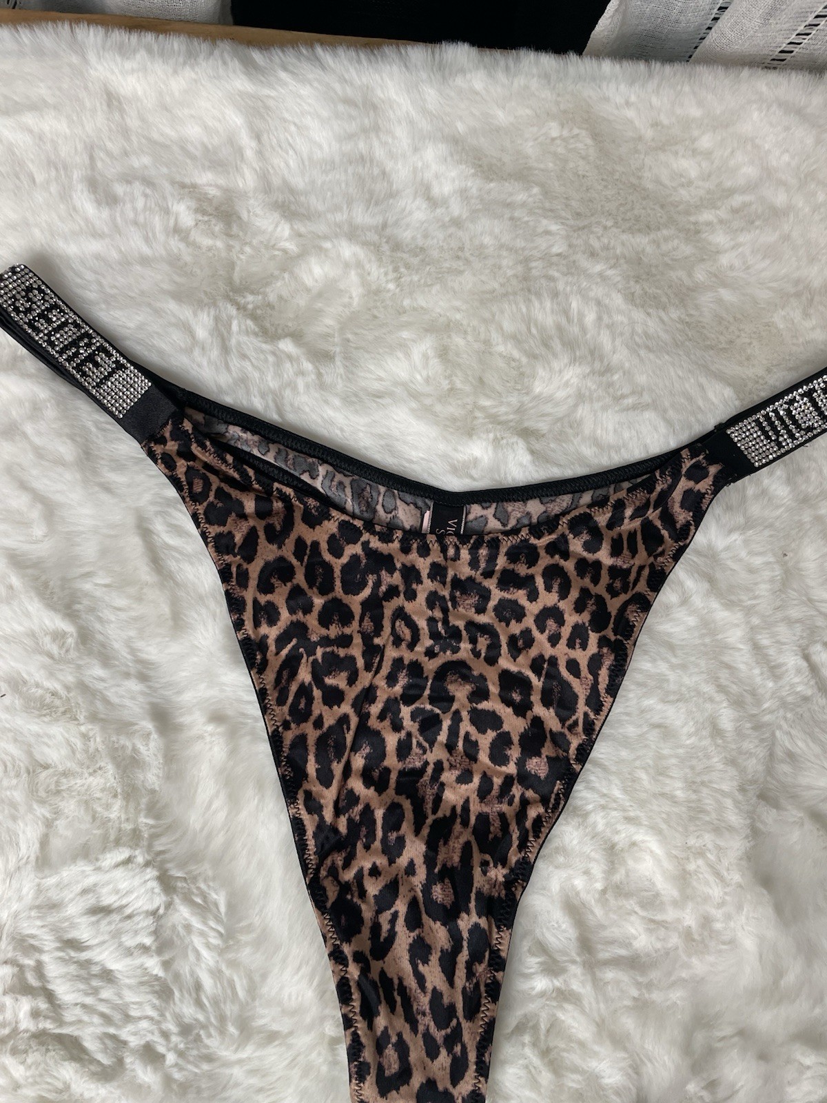 Victoria’s Secret Very Sexy Brown Black Leopard Thong String Rhinestone Logo XL
