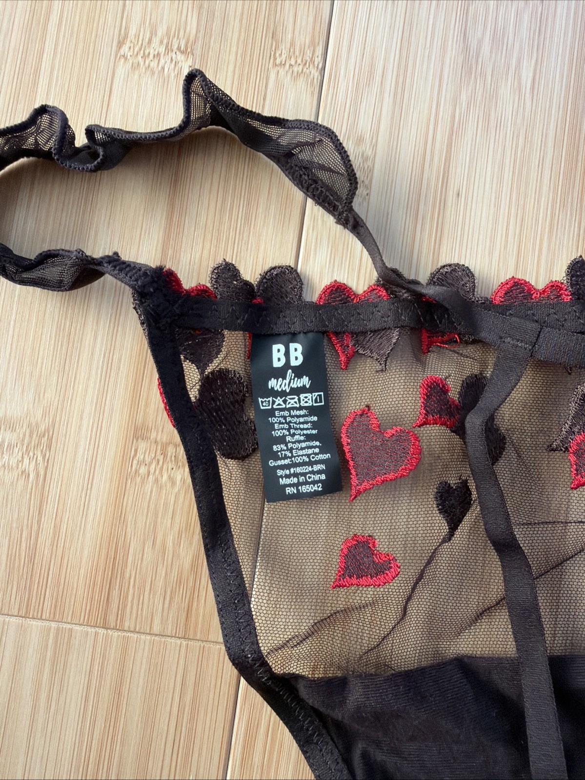 NWT Bootaybag Brown Heart Mesh Thong Panty Valentines Day Size M 160224-BRN