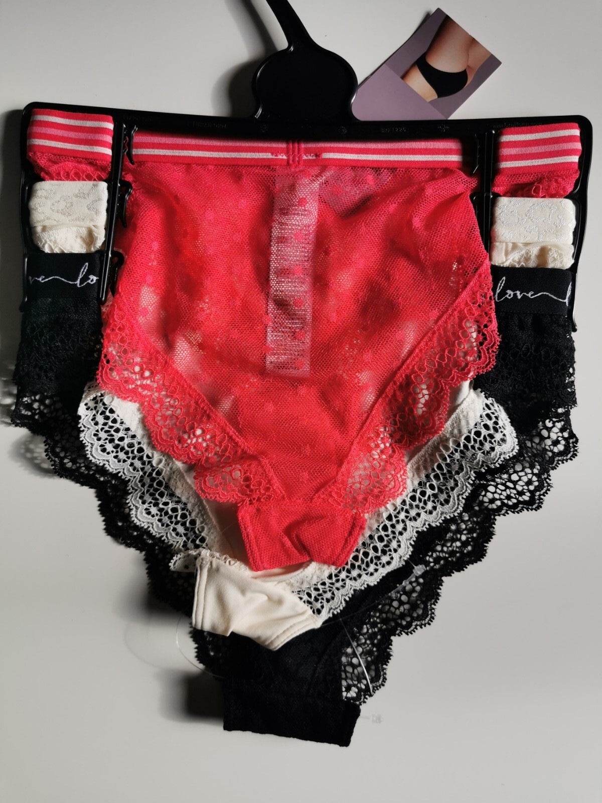 M&S 3pk Lace & Mesh Brazilian Knickers, Size 8, Black, Ivory, Red