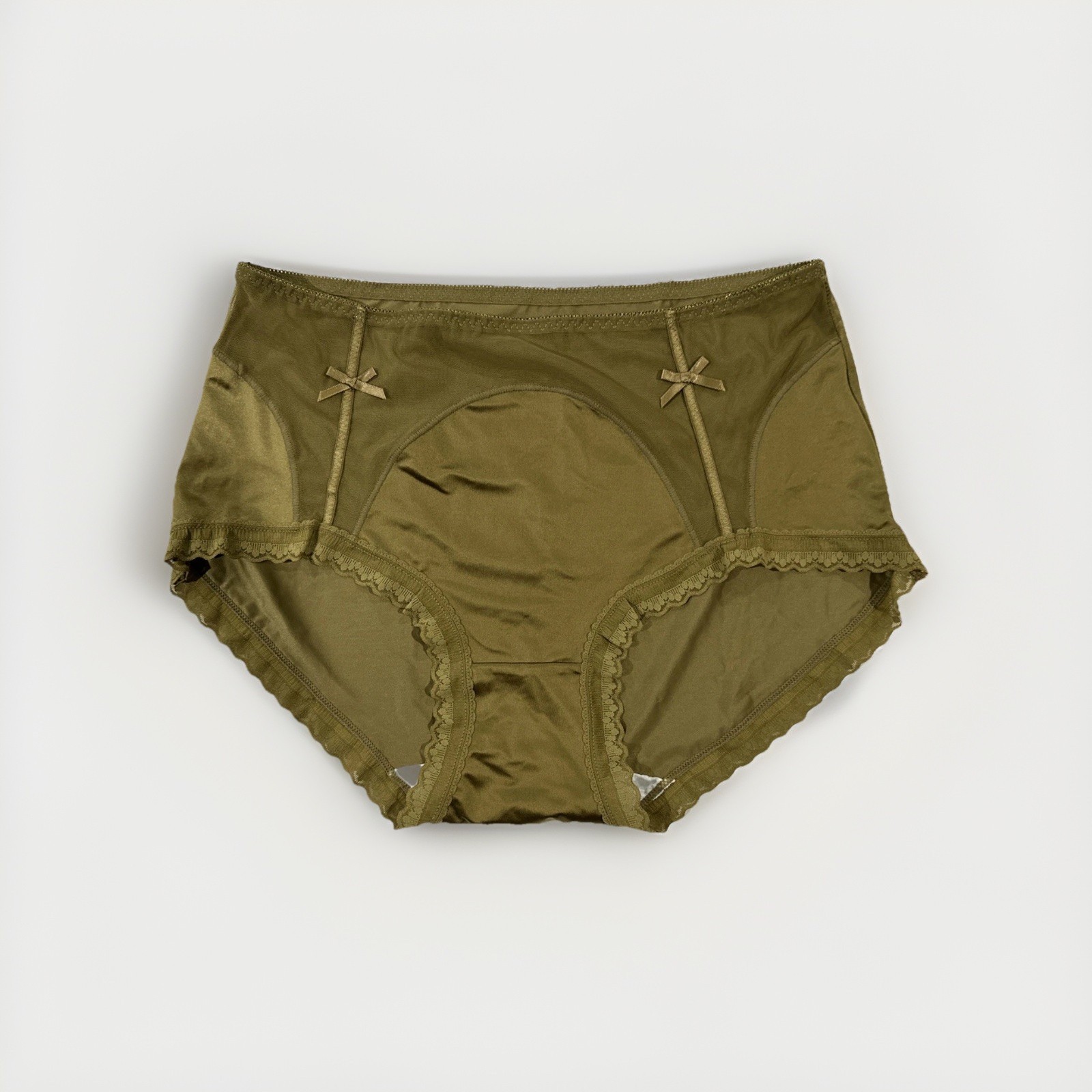 Large Olive Green Nylon Lace Spandex Blended Cotton Gusset Panties NWOT Bow Tie