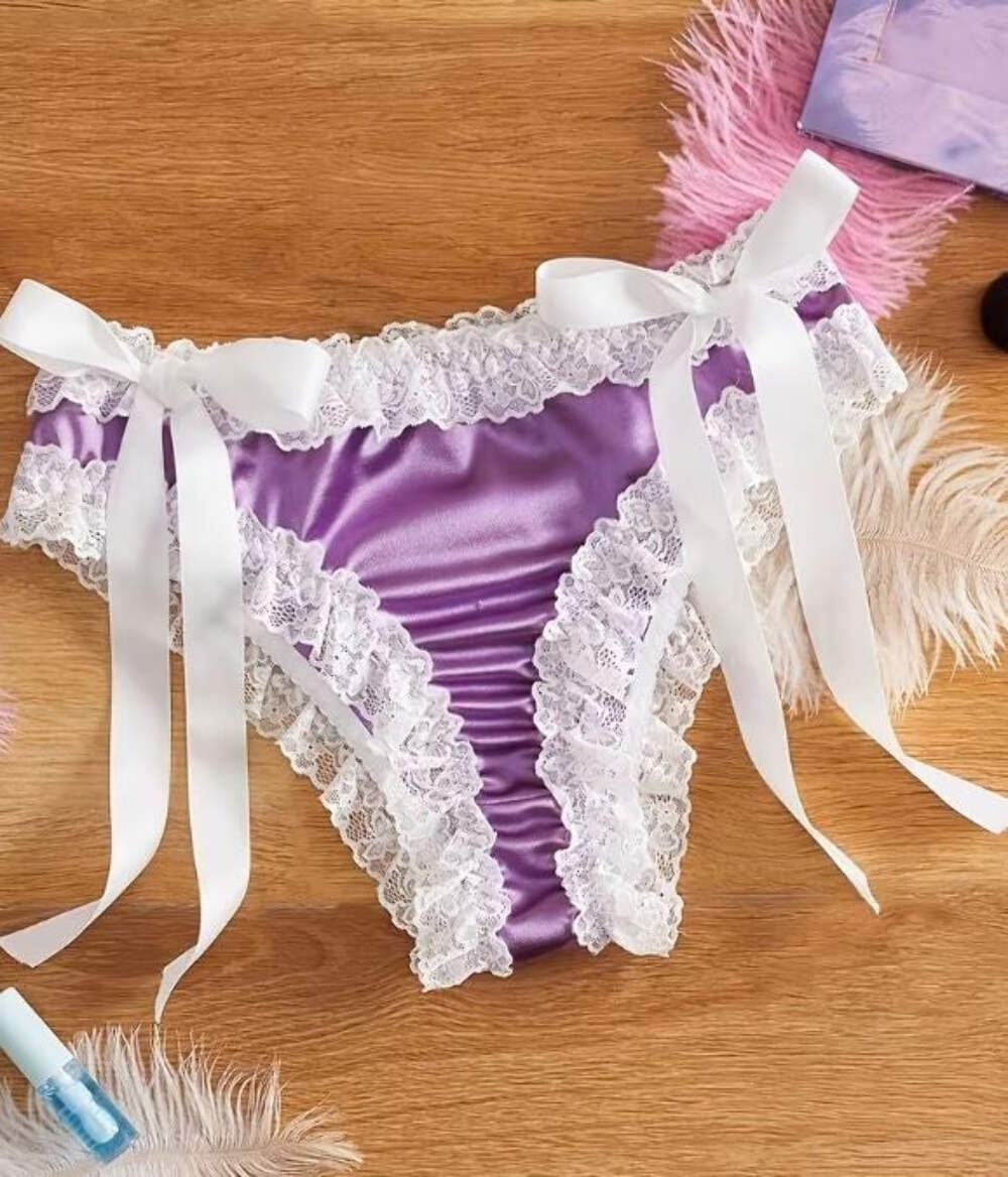 Purple Satin Lace frilly trim Knickers Bow Tie Side panties sissy size XL 16-18