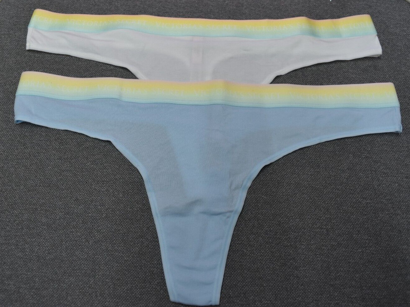 2 New Victoria’s Secret White Blue Multicolor Waist Thong Panty Lot Size XXL 2X