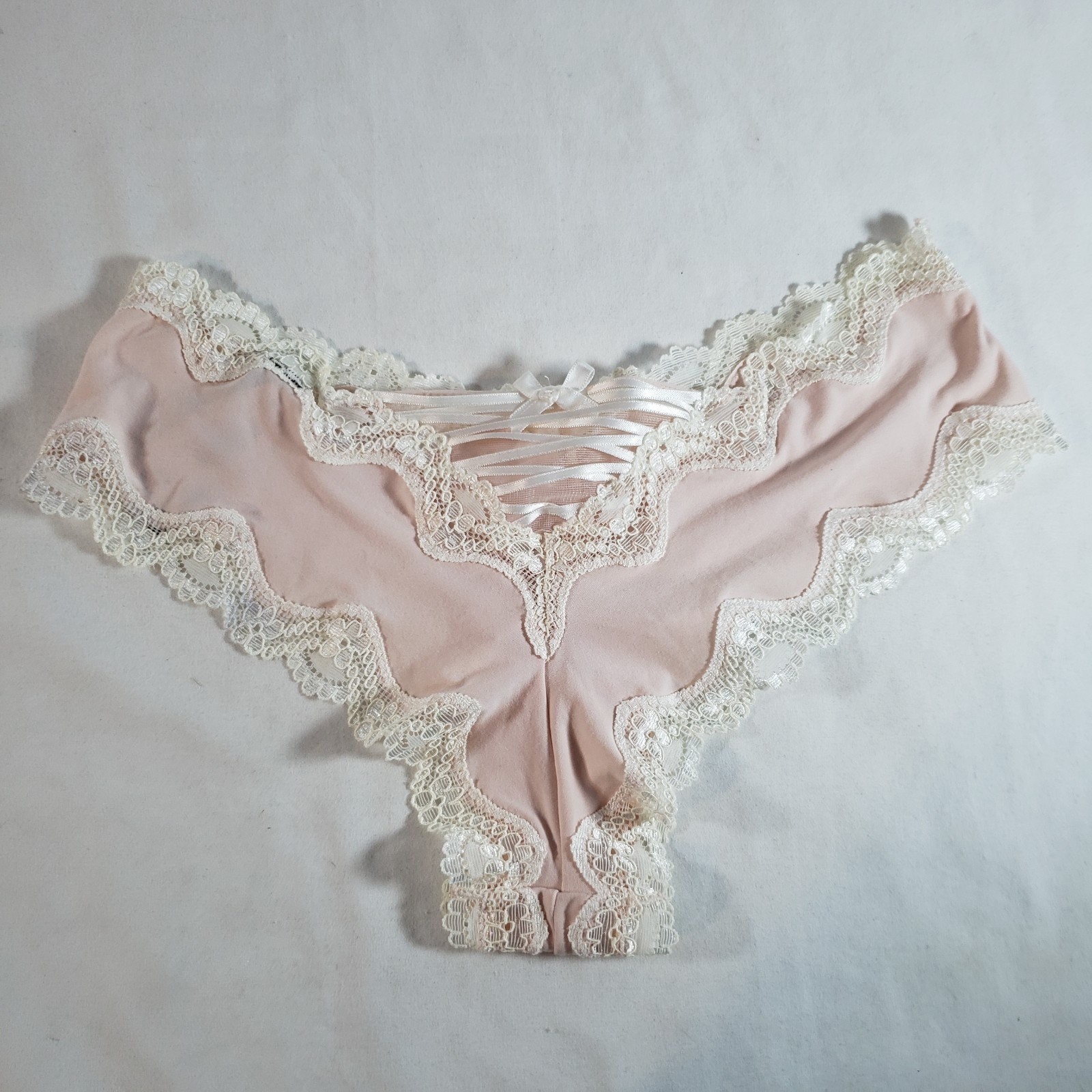 Victoria’s Secret Satin Cheeky Small Pink Ivory Lace Corset Back