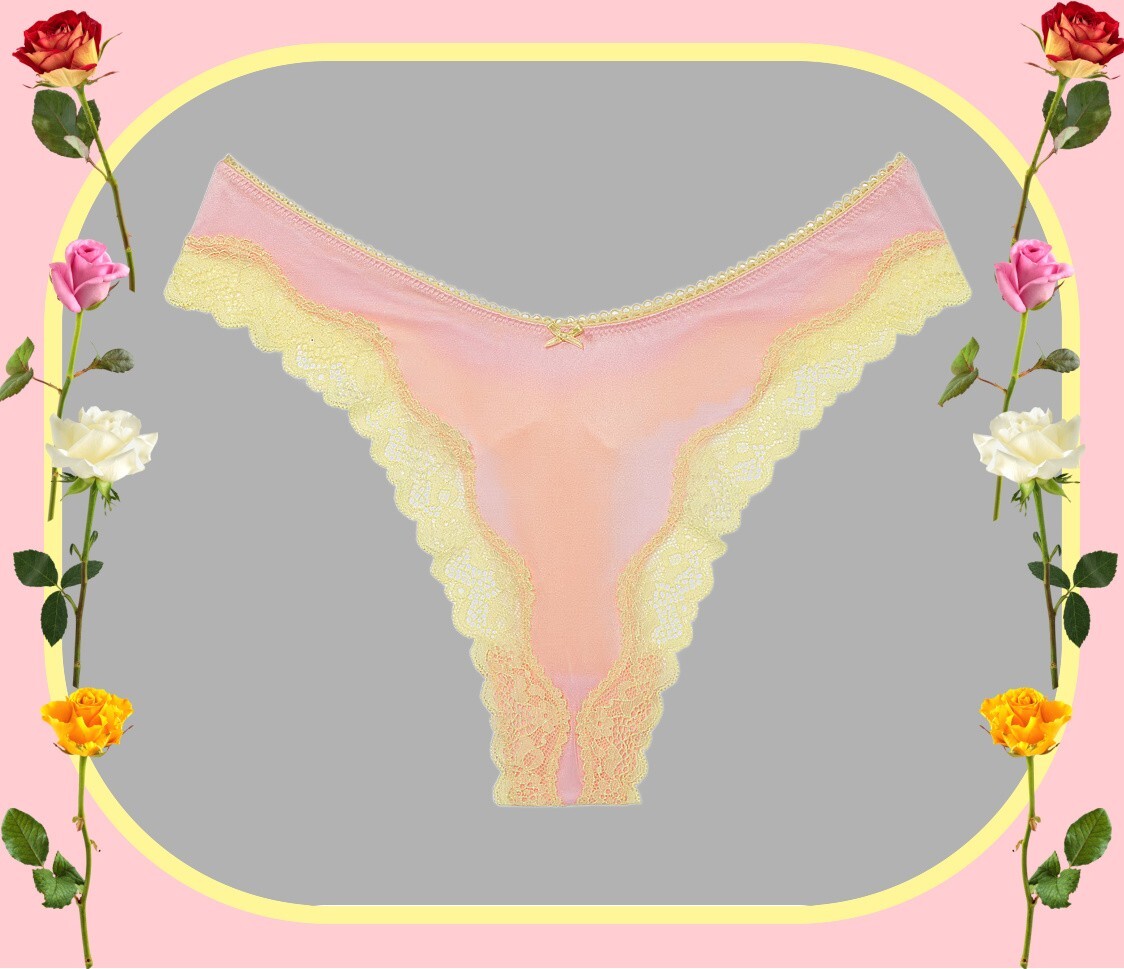 XL Lt Pink Satiny w NEON Citron Lace TEASE Victoria’s Secret HighLeg Thong Panty
