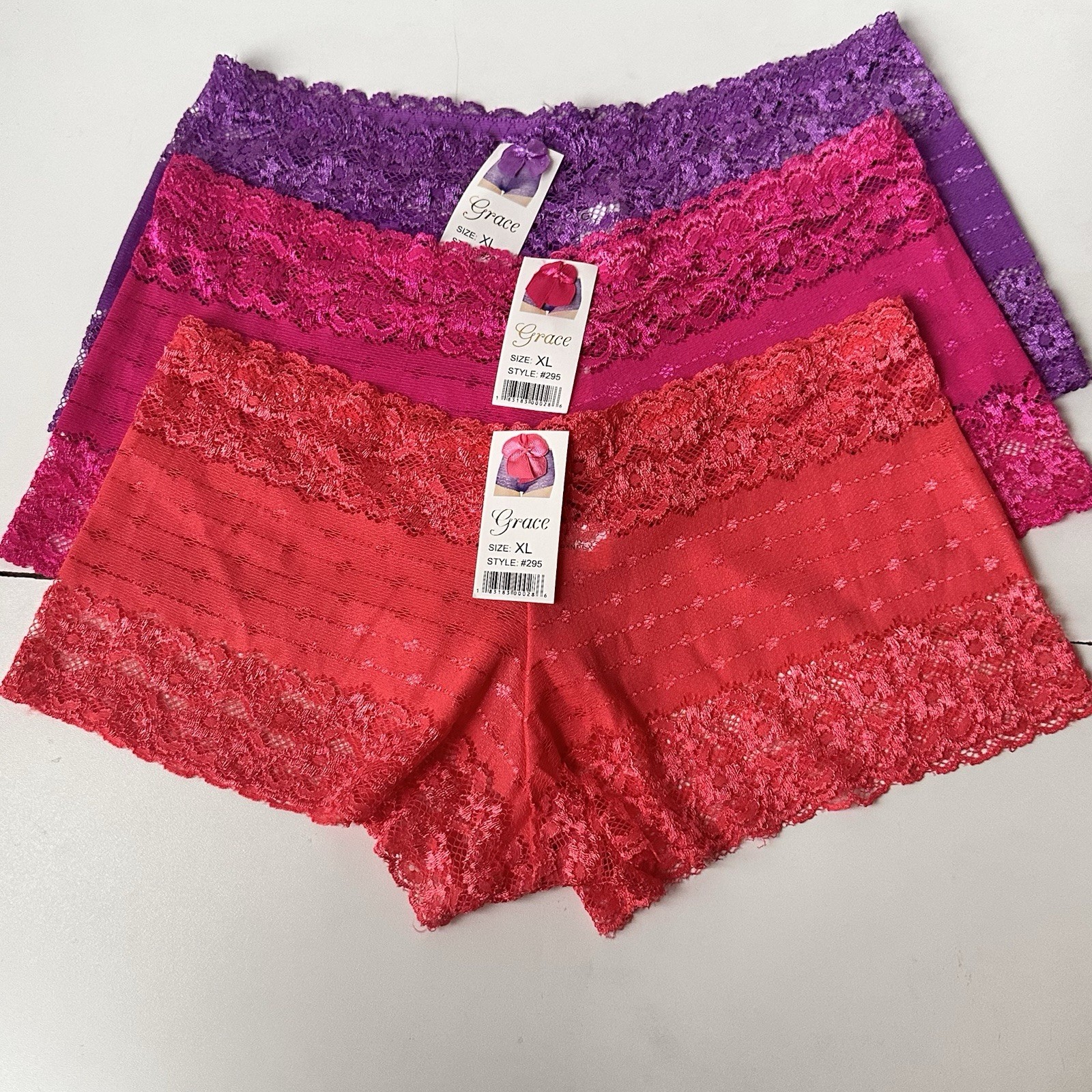 3 Women’s Grace BoyShort Underwear Lace Panties Sexy Low Rise Shortie S: XL