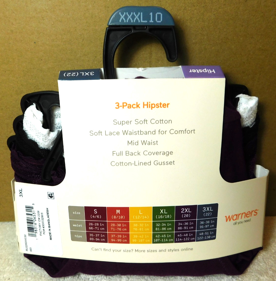 Warners~Blissful Benefits Cotton With Lace Hipster Purple Black & White 3Pk (DG)