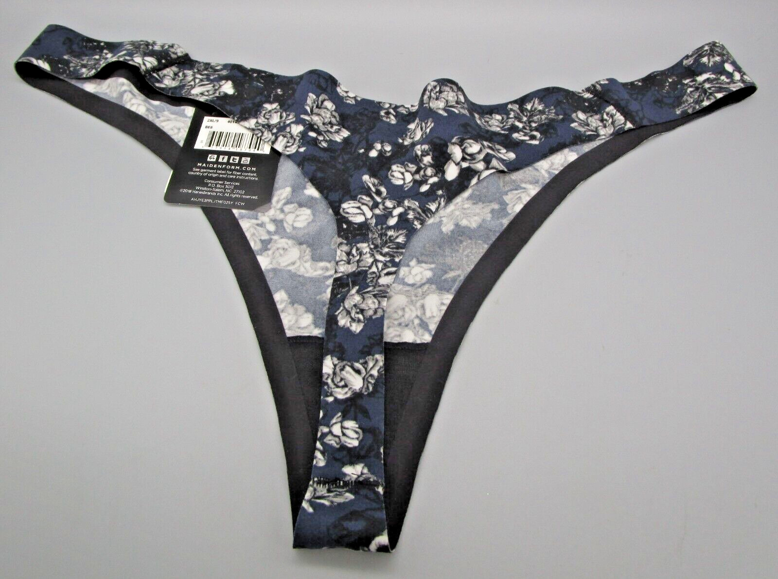 MAIDENFORM~2XL 9~40149~Black & Navy Blossoms Comfort Devotion Thong