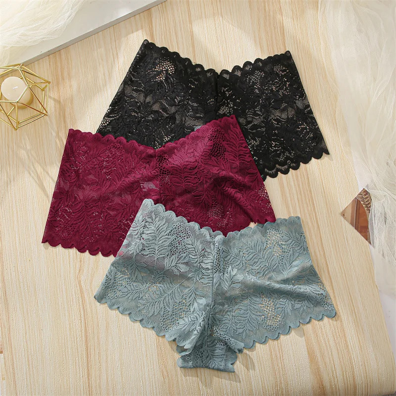 Lace Boyshort Panties Low Rise Breathable Hollow Out 4PCS Women Underwear